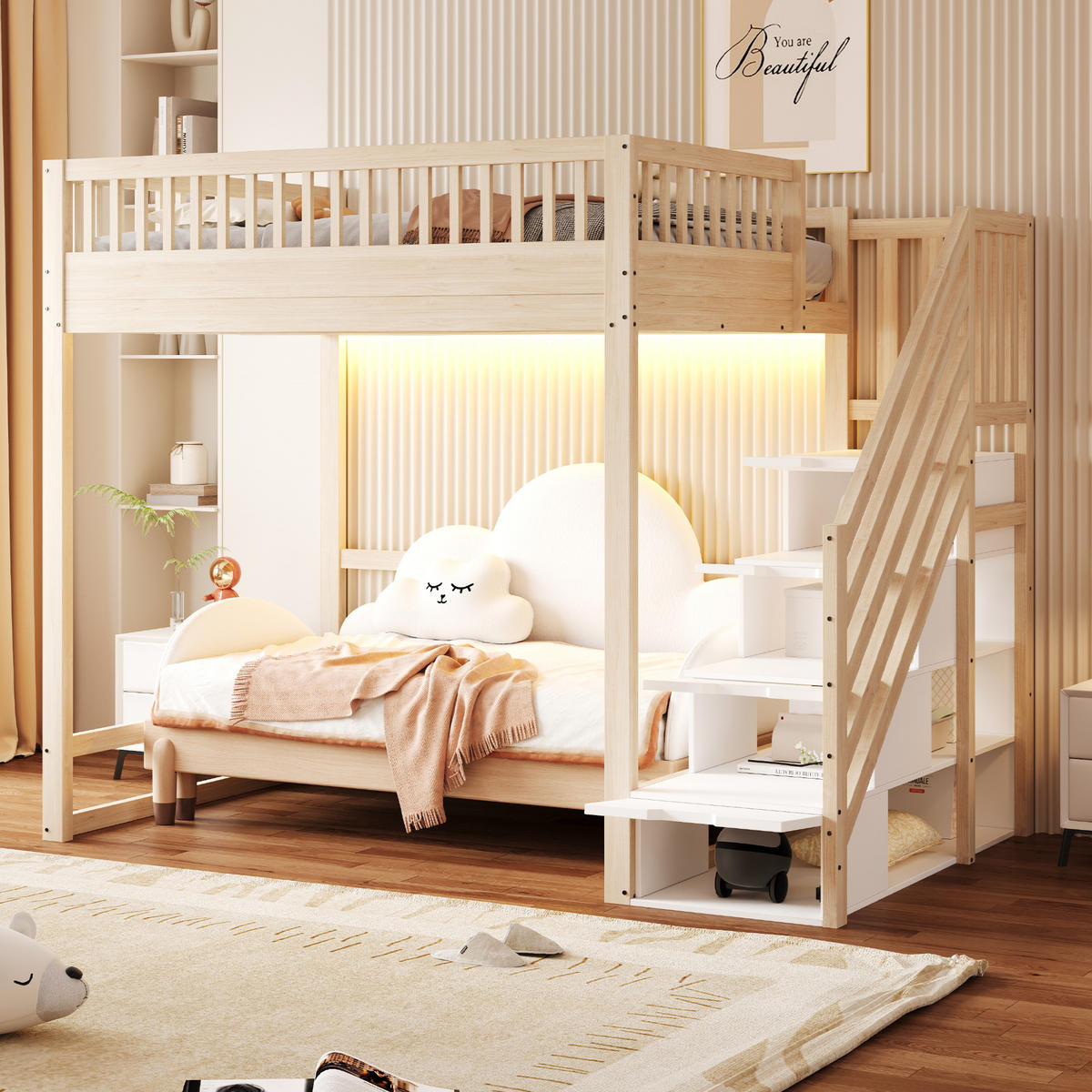 HOCHBETT 140/200 cm in Natur mit Stauraumtreppe und LED - Naturfarben, Holz/Holzwerkstoff (140/200cm) - STILVORA