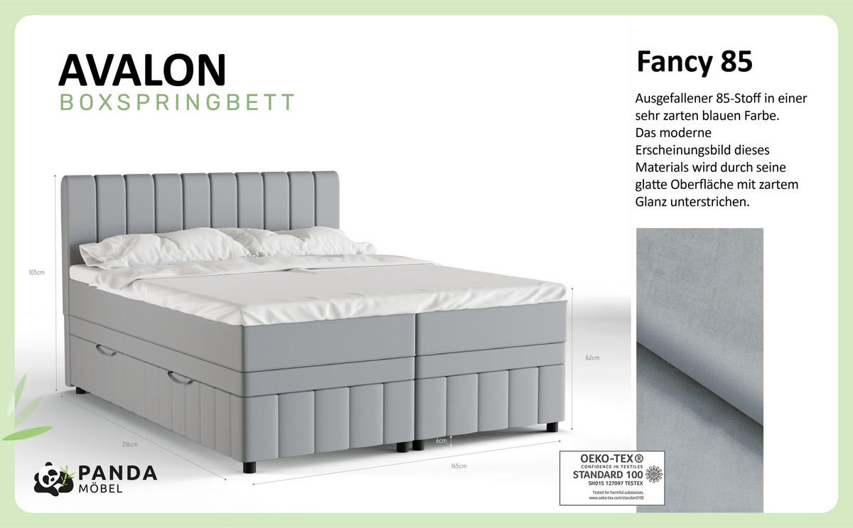 BOXBETT AVALON 160 x 200 cm mit Bettkasten und Topper - Hellgrau - Hellgrau, Holz - Panda Möbel