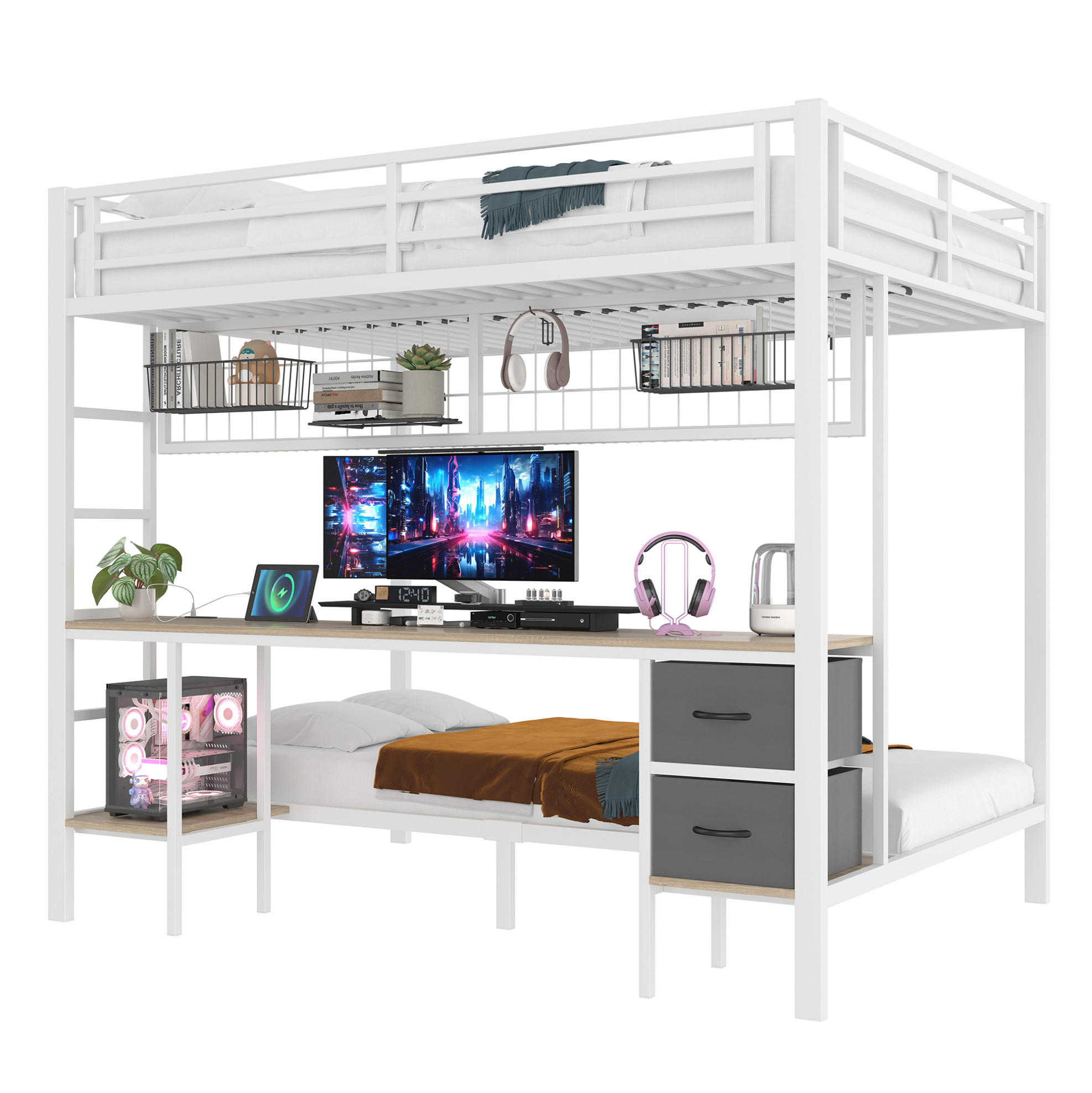 HOCHBETT 140/200 cm aus Metall mit Schreibtisch und LED-Beleuchtung - Weiß, Metall (140/200cm) - Flora Grace