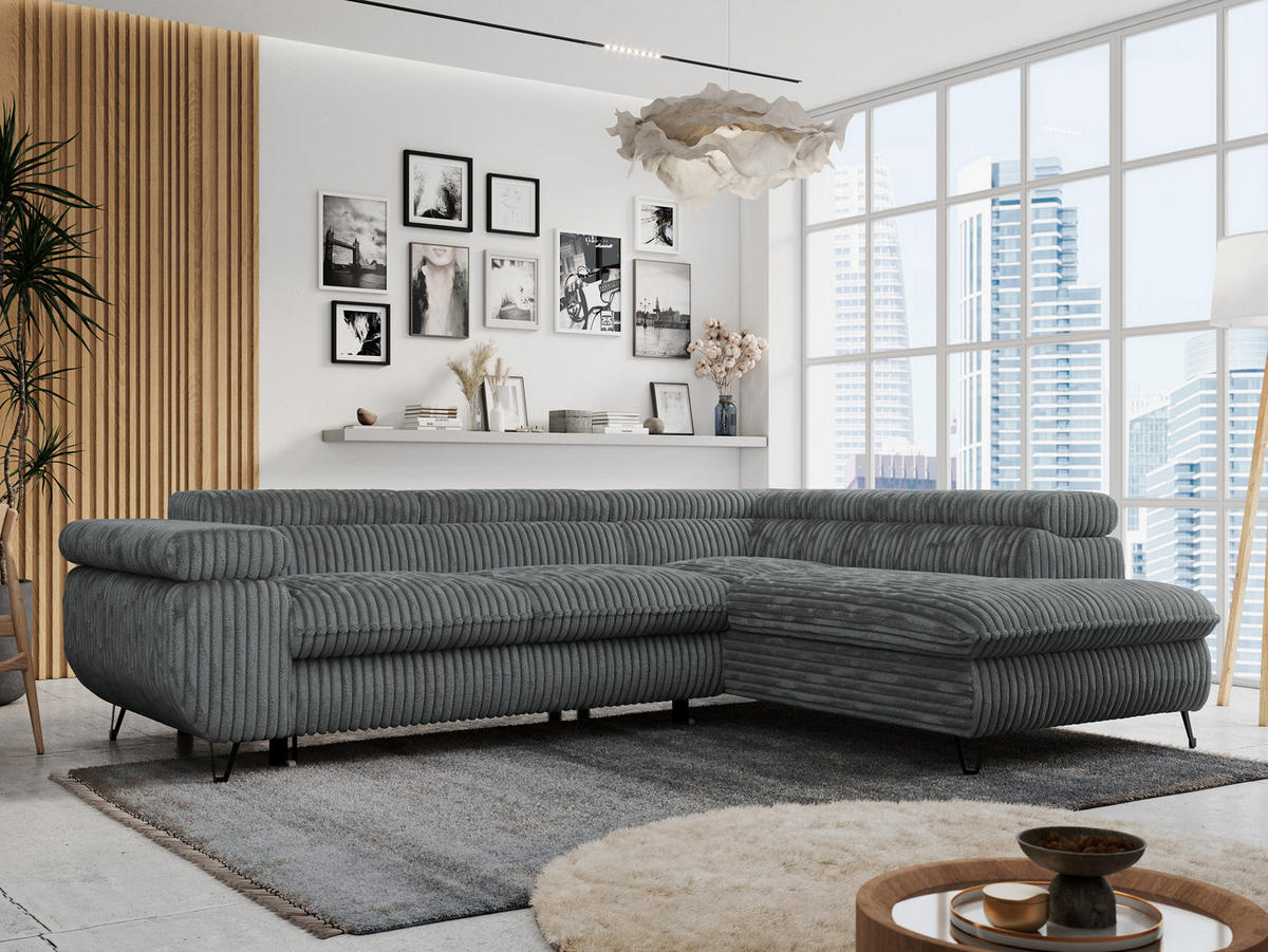 ECKSOFA PETER L Dunkelgrau Cord - Rechts Seite - Dunkelgrau/Schwarz, Textil/Metall (273/208cm) - MKS