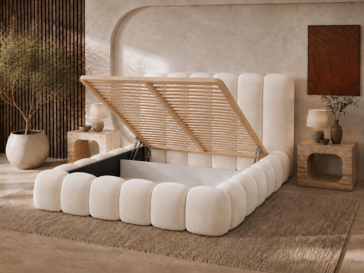 POLSTERBETT MELLOW 200x200 cm in Beige, gepolstertes Kopfteil, Lattenrost, Bettkasten, Velvet-Stoff - Beige, Holz/Textil (200/200cm) - EMLAR Home
