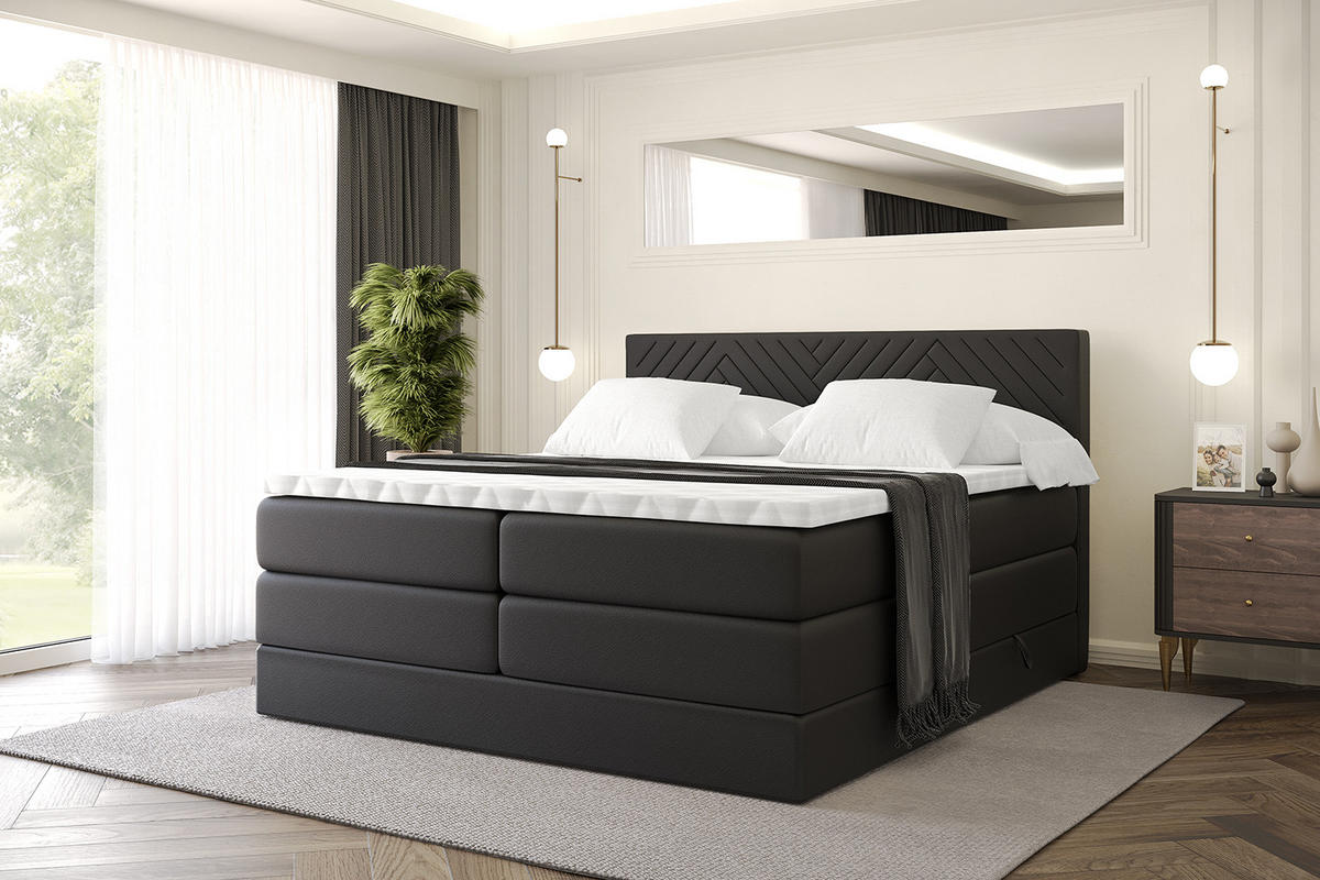 BOXSPRINGBETT mit Matratze H3|H4 und Lattenrost - VEXA KING-160x200 - Schwarz - Schwarz, Holzwerkstoff (160/200cm) - ALTDECOR