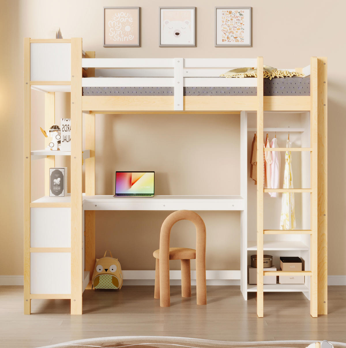 VISOKA postelja 90/200 cm bela/naravna z mizo, policami in omaro iz bora in MDF - naravne barve, leseni material (90/200cm) - OKWISH