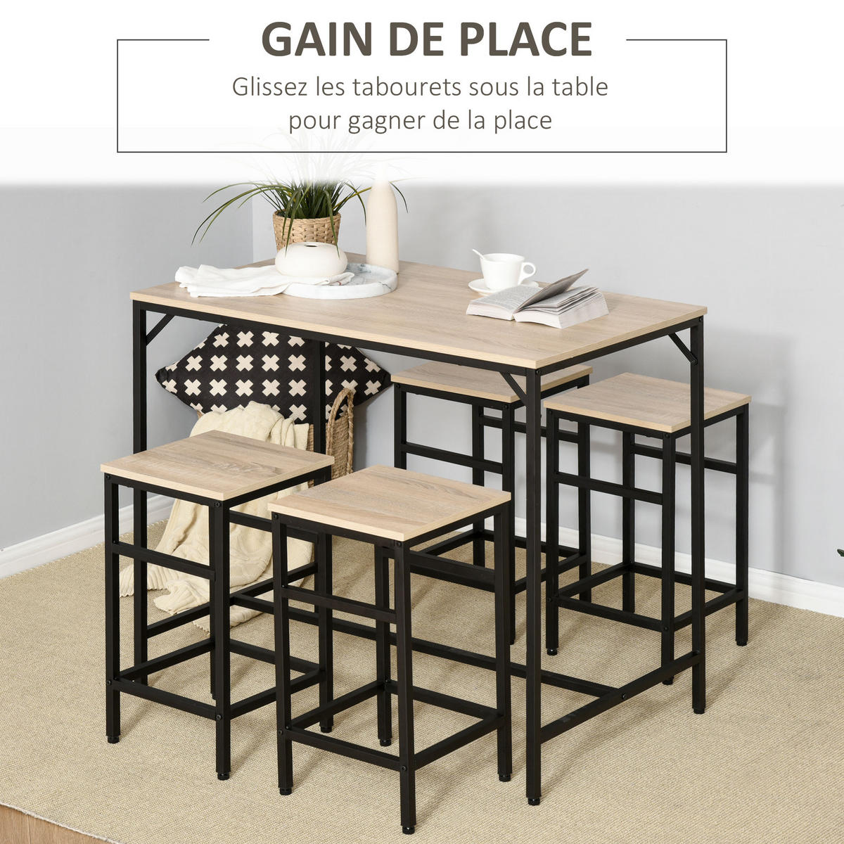 BARTISCH-SET DE-14688 Industrie-Design mit 4 Hockern Eiche hell & Schwarz - Beige, Metall (100/60/88cm) - ComfortXL