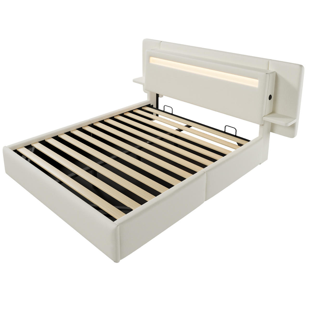POLSTERBETT aus MDF und Leinen 140x200 cm Beige mit Bettkasten, LED-Beleuchtung, Nachttisch und USB-Anschluss - Beige, Textil (140/200cm) - Modfu