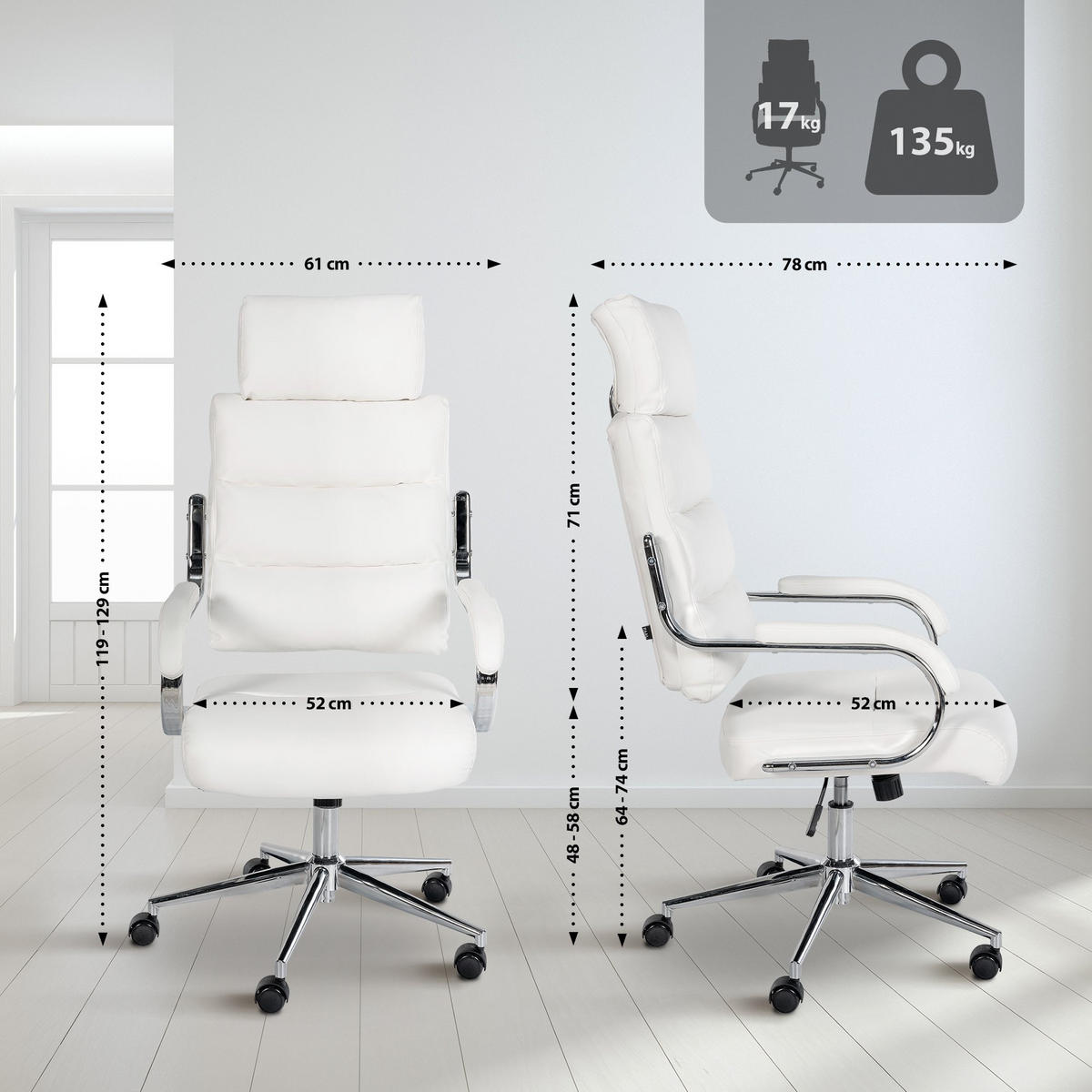 DREHSTUHL Lederlook Weiß - Chromfarben/Weiß, Textil/Metall (61/119/78cm) - CLP