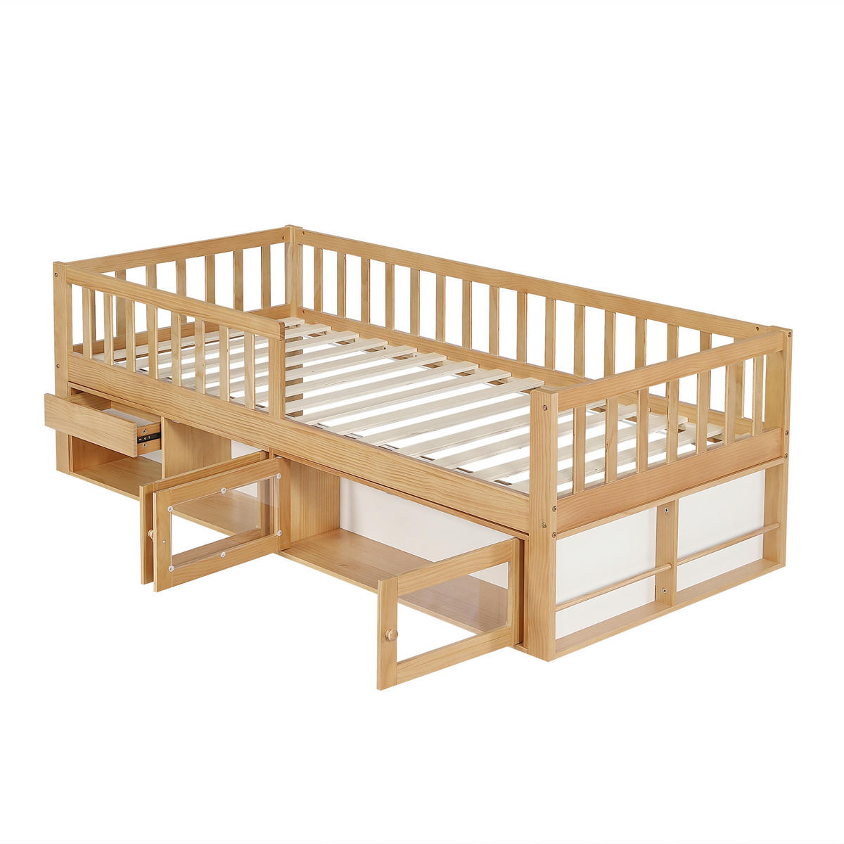 KINDERBETT 90/200 cm in Natur mit Schublade, Schrank und Ablagen - Naturfarben, Holz/Holzwerkstoff (90/200cm) - WISHDOR