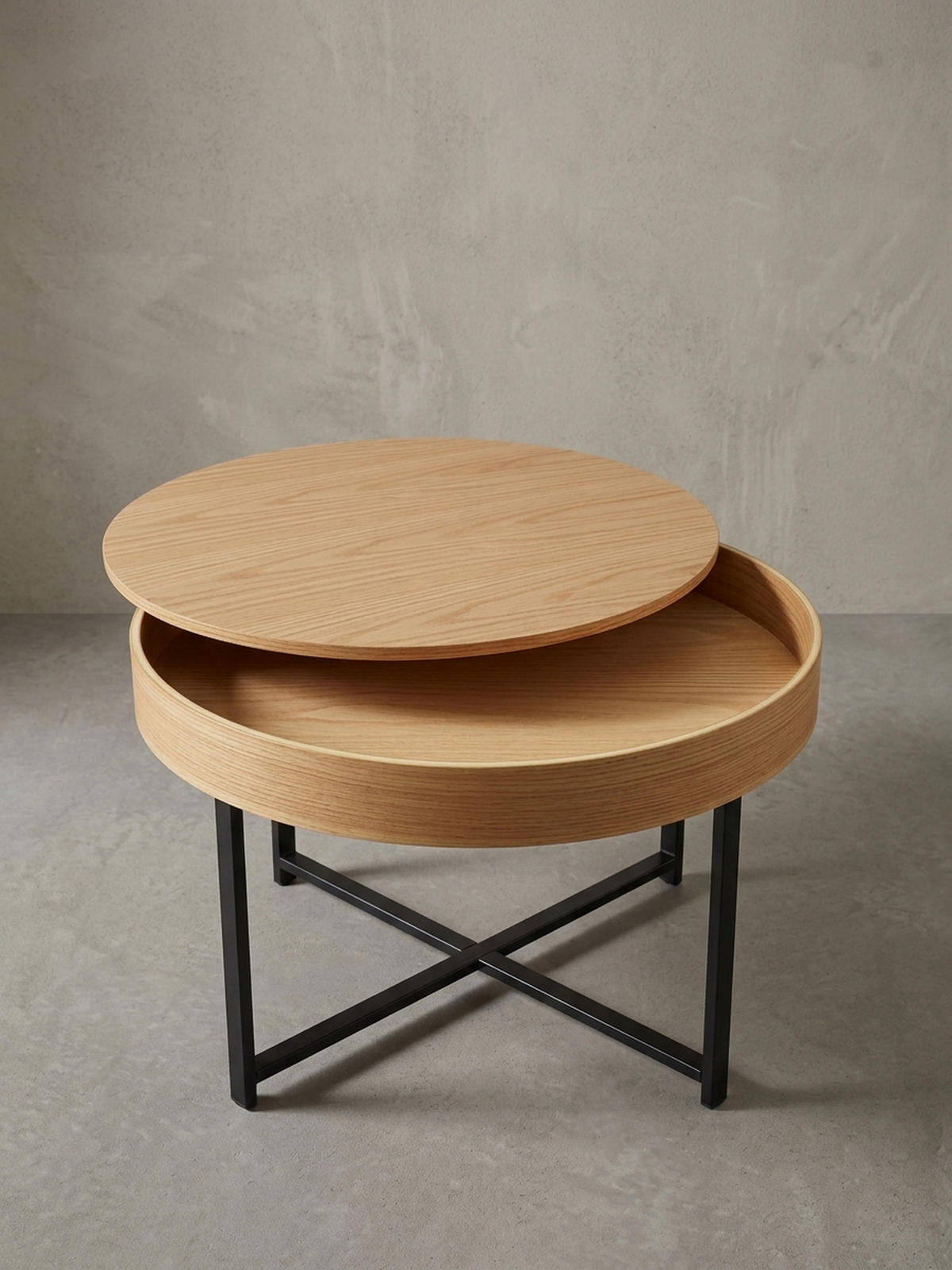 COUCHTISCH in Holzoptik mit Metallbeinen, Rund, Stauraumfunktion, Maße 69x49x69 cm - Schwarz/Braun, Holz/Metall (69/69/49cm) - KADIMA DESIGN