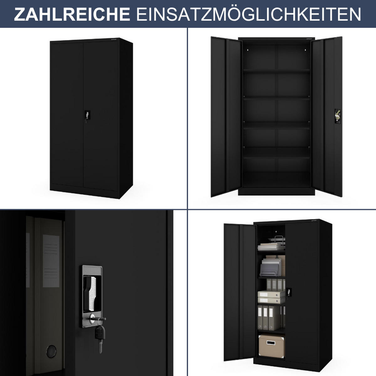 AKTENSCHRANK abschließbar KADO Flügeltüren 185x90x60cm Schwarz - Schwarz, Metall (90/185/60cm) - DELUKE