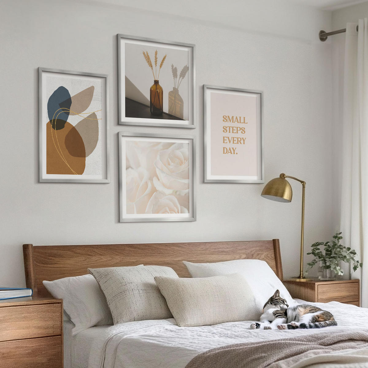 WANDBILDER 4er Set - 50x50 cm & 40x60 cm Silberner Rahmen - Abstrakte Formen Akzente - Silberfarben, Kunststoff (50/50cm) - ArtPrintCave
