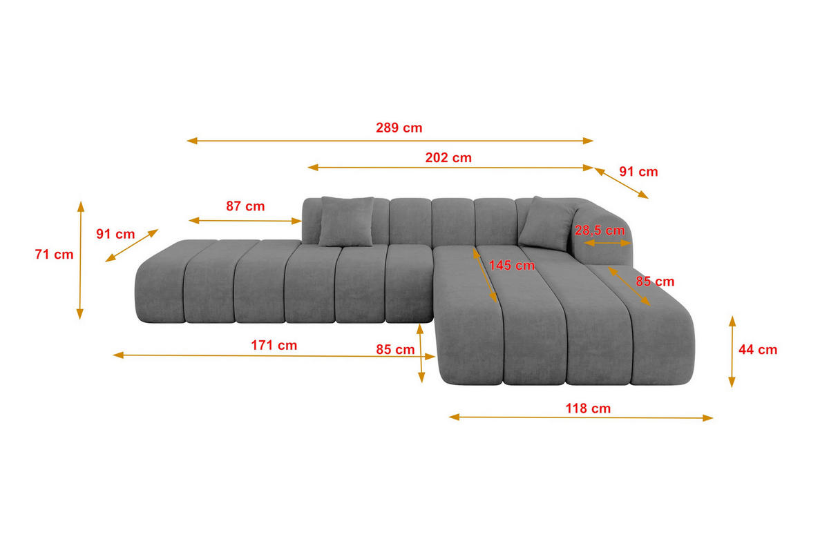 ROHOVÁ SEDAČKA s otomanem, pravá BILA-L 289x176x71 Šedá Velur - šedá/černá, kompozitní dřevo/textil (289/176cm) - ALTDECOR