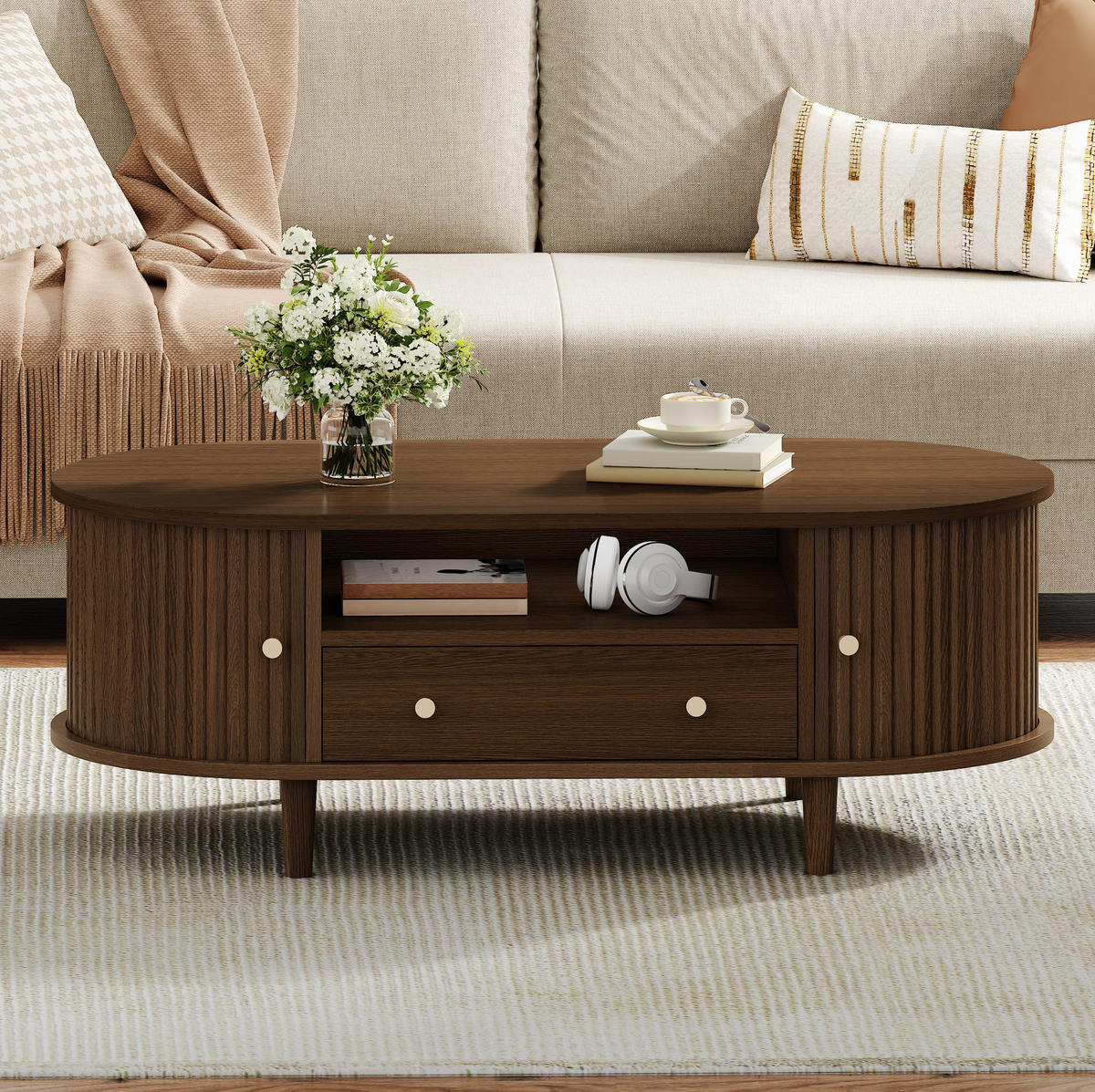 COUCHTISCH aus MDF 100x50x36 cm Walnussholz mit Schublade, offenen Fächern und Rolltür - Walnussfarben, Holzwerkstoff (100/50/36cm) - IVMEU