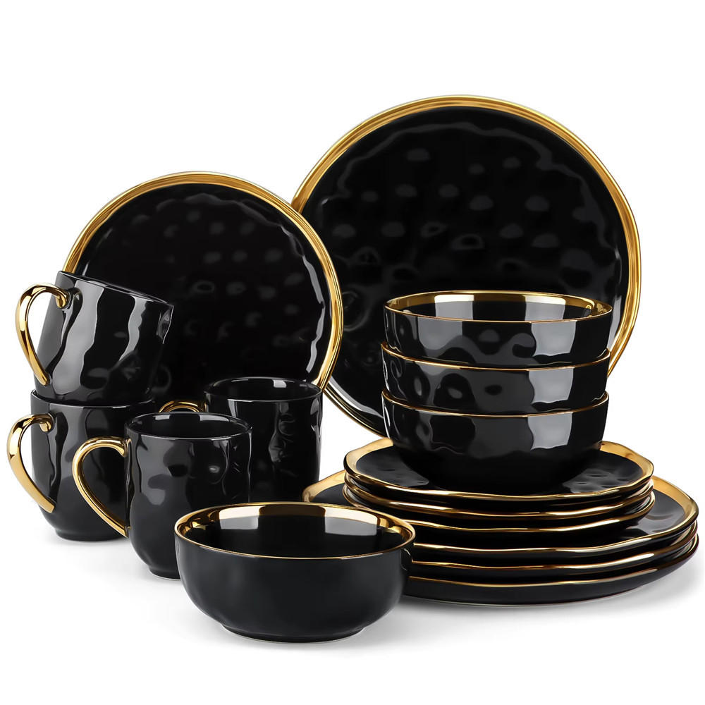 KOMBISERVICE 16-teilig Porzellan Schwarz Goldrand Geschirrset - Schwarz, Keramik (27.5/2.4/27.5cm) - Kaket