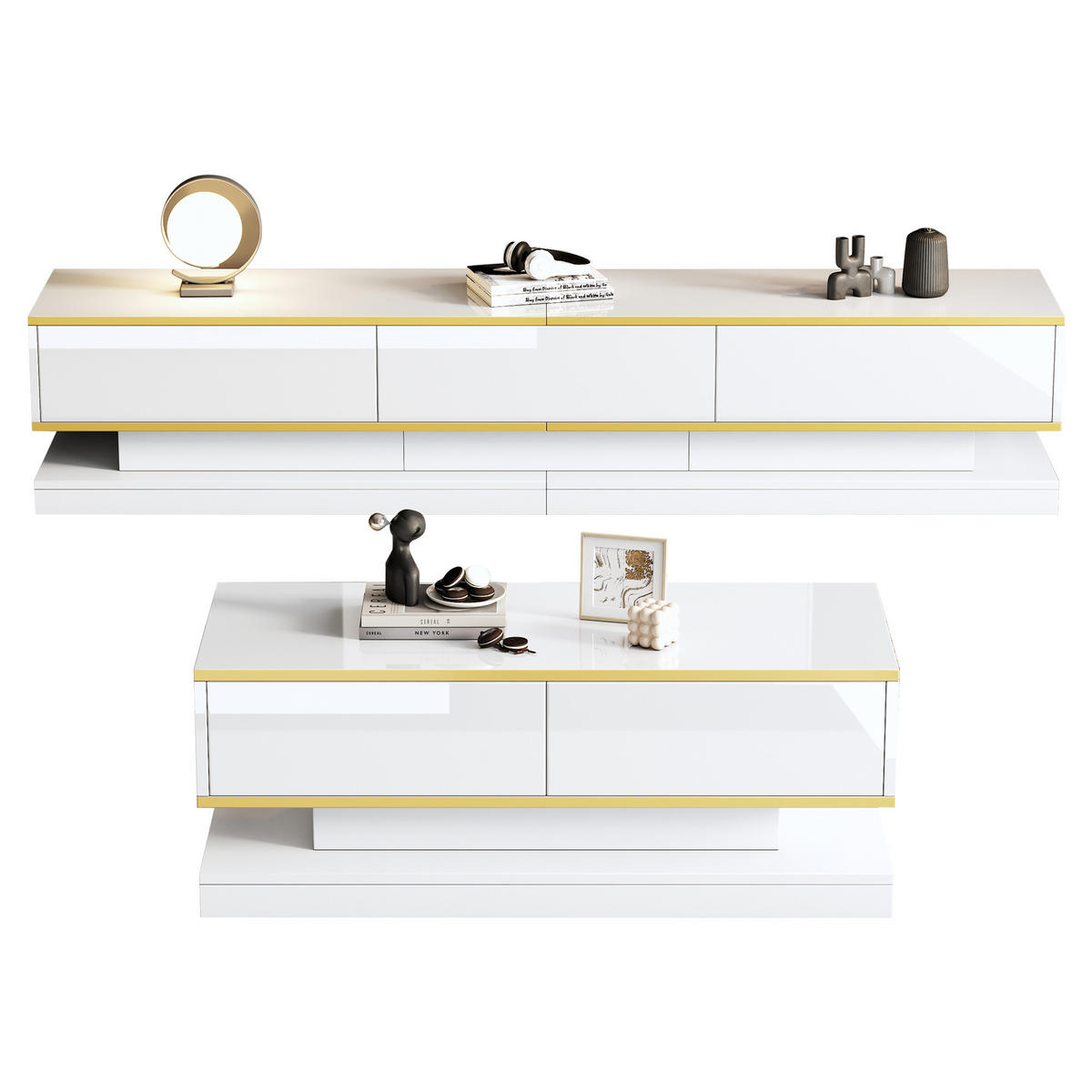 TV-SCHRANK SET Hochglanzweiß 3+2 Schubladen Goldbesatz mit Couchtisch - Weiß, Holz (59.18/14.2/112.5cm) - FLIEKS