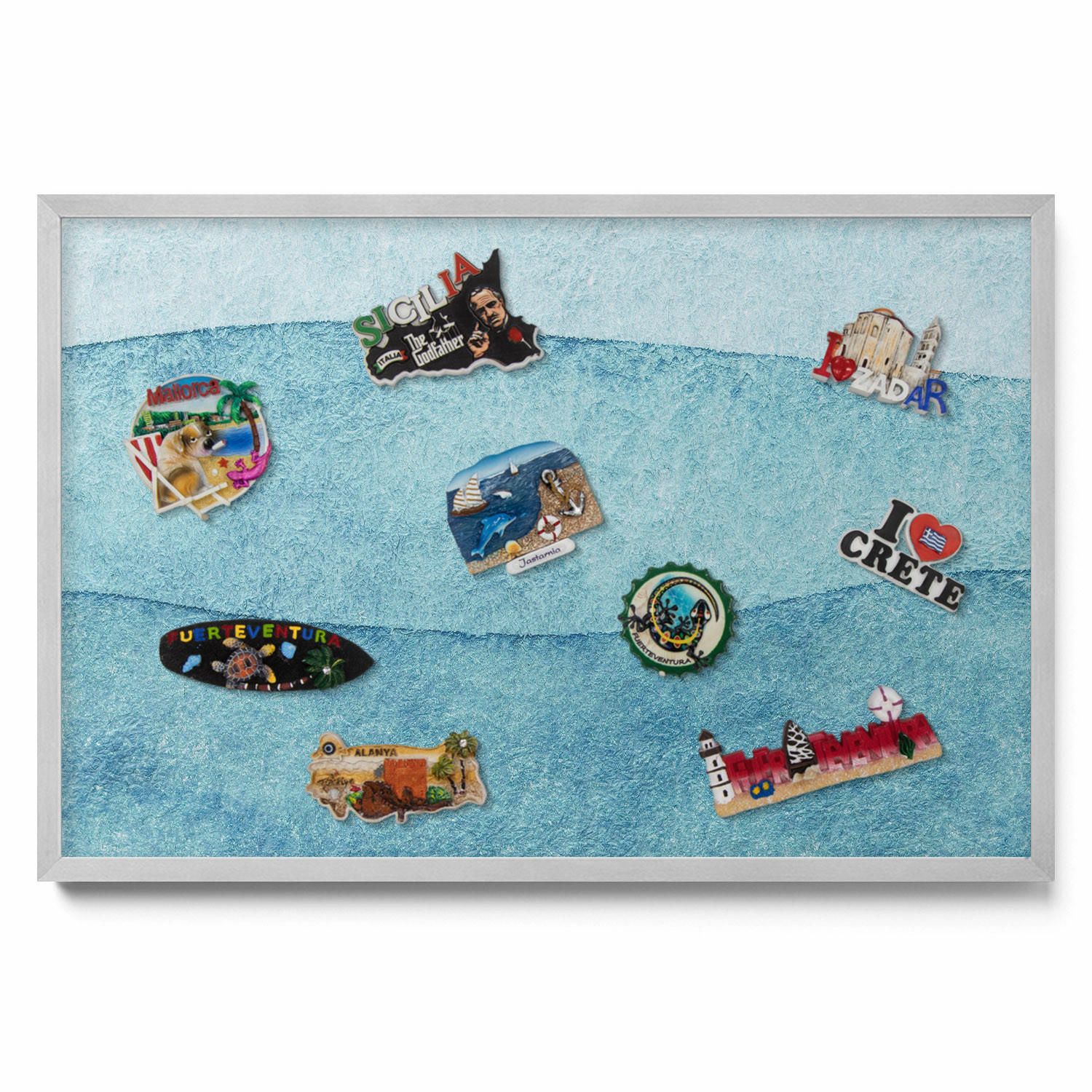 MAGNETTAFEL 60x40 cm Silberner Rahmen Aquarell Blaue Wellen - Pastellblau, Metall (60/50/0.4cm) - TULUP
