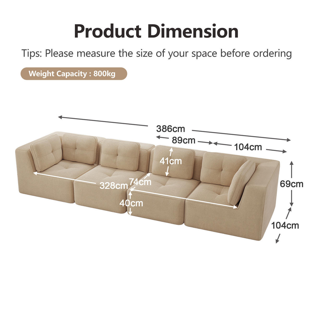 ECKSOFA 386/104/69 cm beige aus Cord mit modularem Design und breiten Armlehnen - Beige, Textil (104/386cm) - OKWISH