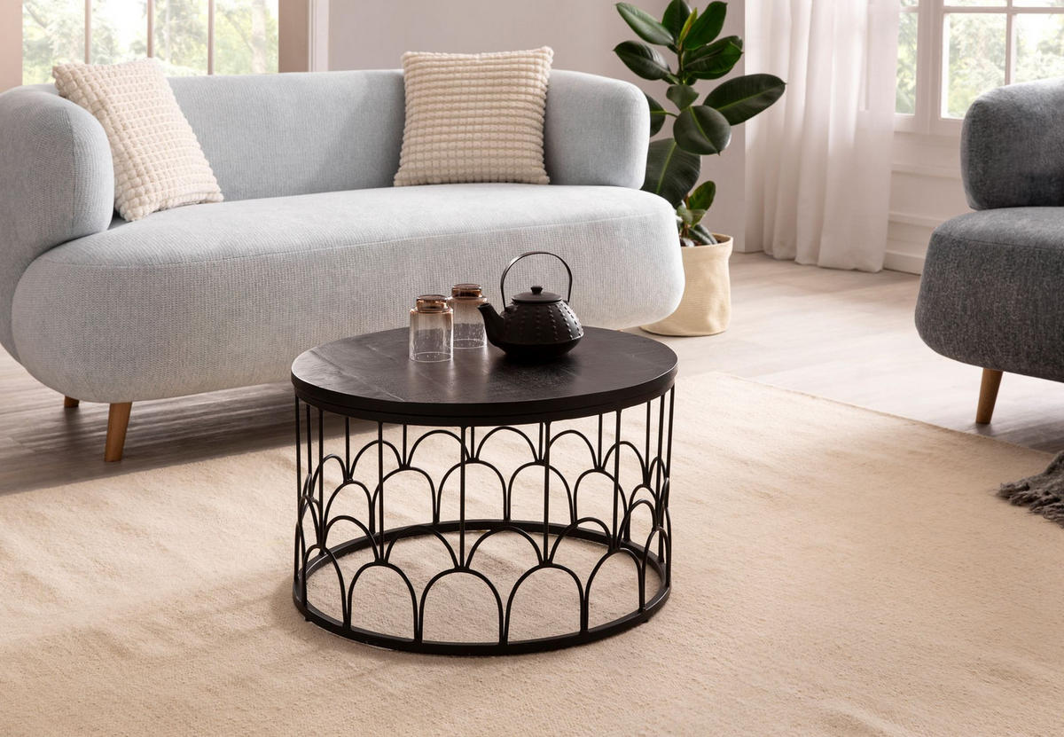 COUCHTISCH Rund in Schwarz aus Mango Massivholz mit Metallgestell, 60x60x36cm, Industrial Design - Schwarz, Holz/Metall (60/60/36cm) - KADIMA DESIGN
