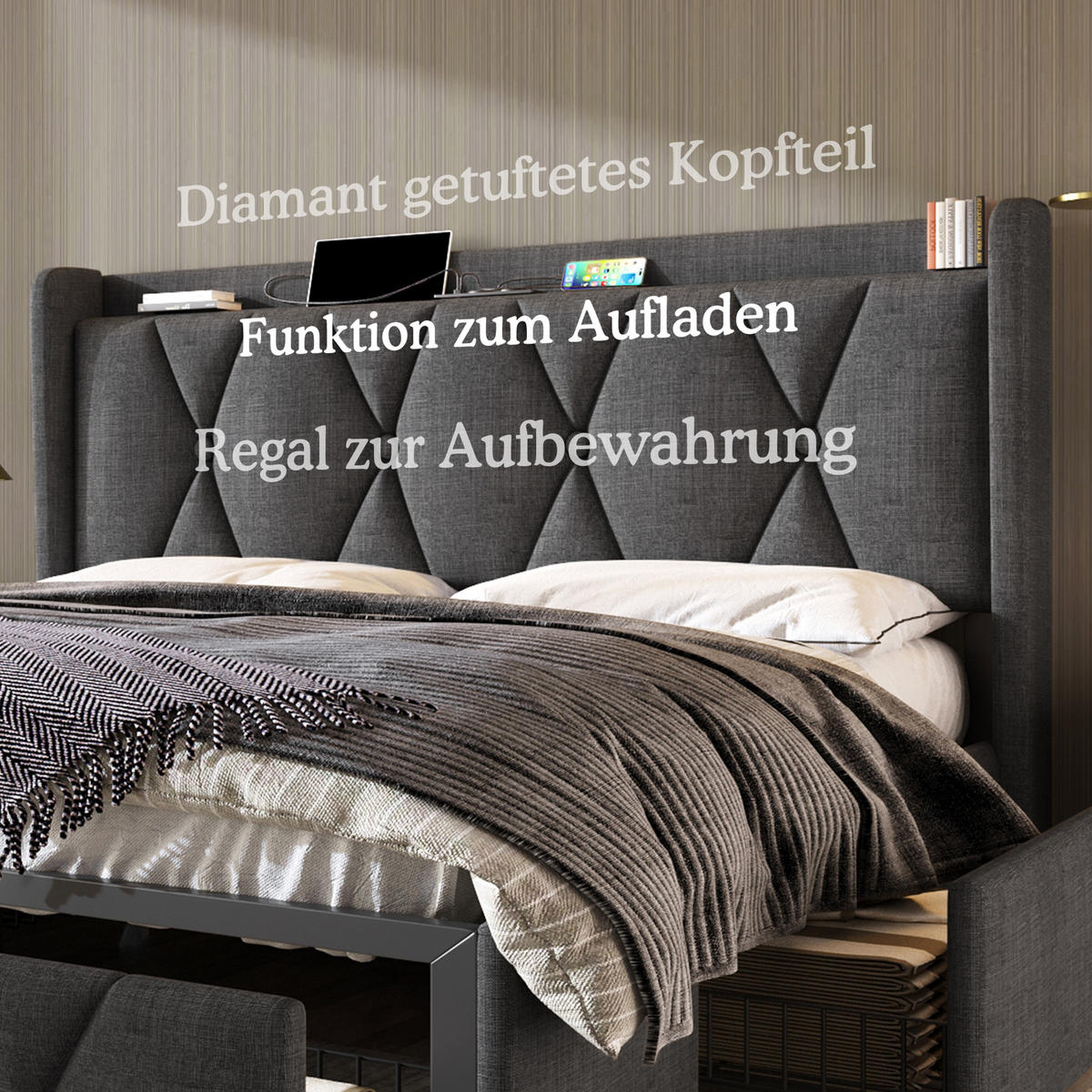 POLSTERBETT 160/200 cm in Grau Leinen mit 4 Schubladen, USB und Steckdosen - Grau, Holzwerkstoff/Textil (160/200cm) - WISHDOR