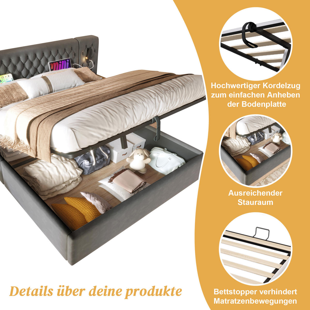 POLSTERBETT aus Samt 180x200 cm in Grau mit Stauraum, USB & Type-C - Grau, Textil (180/200cm) - Modfu