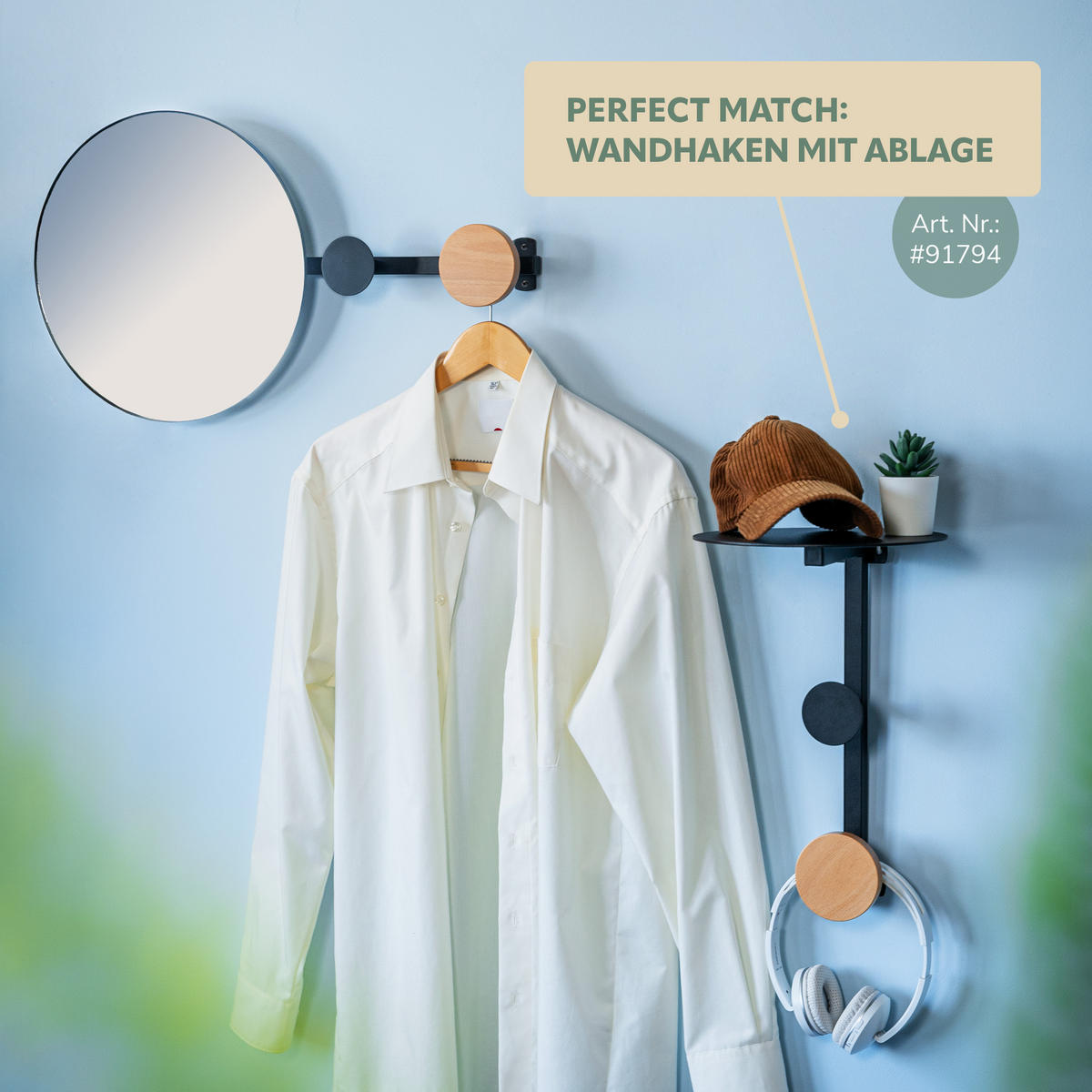 WANDSPIEGEL inkl. Garderobenhaken - Schwarz, Metall (63.5/35.5/5cm) - bremermann