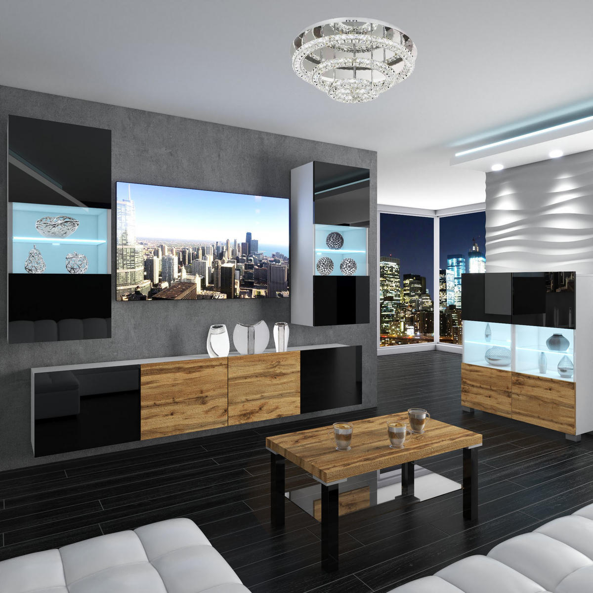 WOHNZIMMERWAND Schrankwand mit LED Schwarz / Wotan Eiche - Schwarz/Braun, Holz (200/180/36cm) - B BELINI GROUP