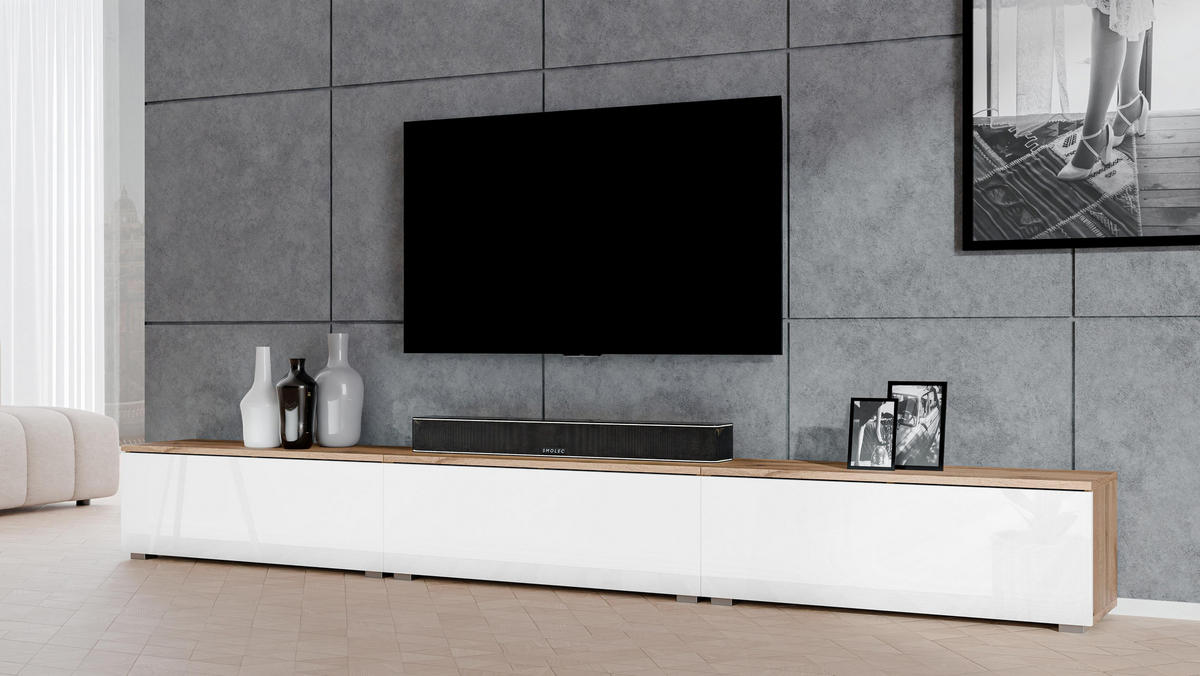 LOWBOARD Loriano 3x100 Wotan, Weiß Hochglanz 300/36,5/32 cm – Hängend und Stehend - Braun/Weiß, Holzwerkstoff/Kunststoff (300/36.5/32cm) - AX Living