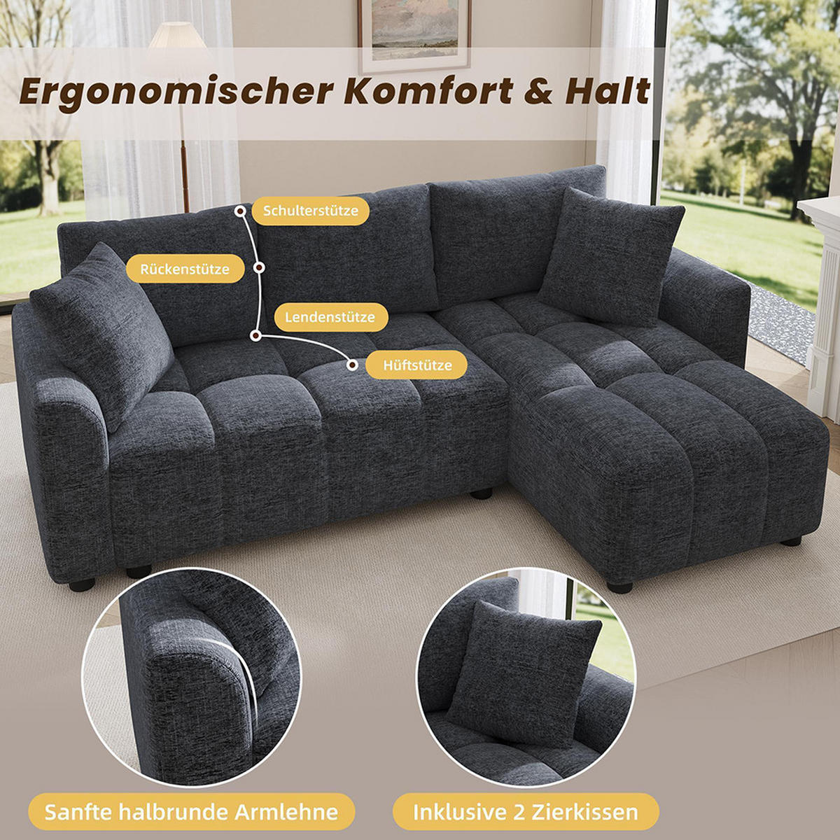 ECKSOFA mit 2 Zierkissen in Grau Chenille Stoff - Grau, Textil (127/204cm) - KOMHTOM