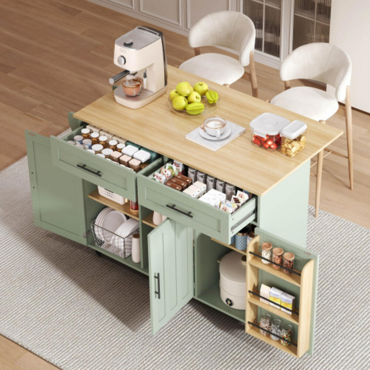 KÜCHENINSEL Antikgrün aus MDF mit klappbarer Erweiterungsplatte 120 × 46 × 91,5 cm - Grün, Holzwerkstoff (120/91.5/71cm) - Luhomfu