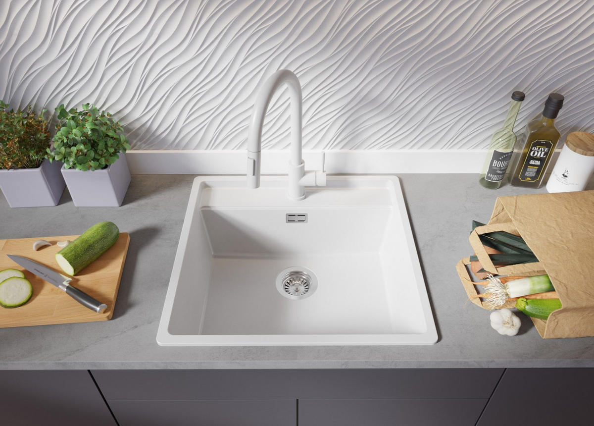 GRANITSPÜLE Bergen, 2-er set Alles Weiß 56/53 cm 1 Becken + Küchenarmatur 40/20 cm + Ablauf-Set + Schneidebrett ab 60er Unterschrank - Beige/Weiß, Kunststoff (56/20/53cm) - Primagran