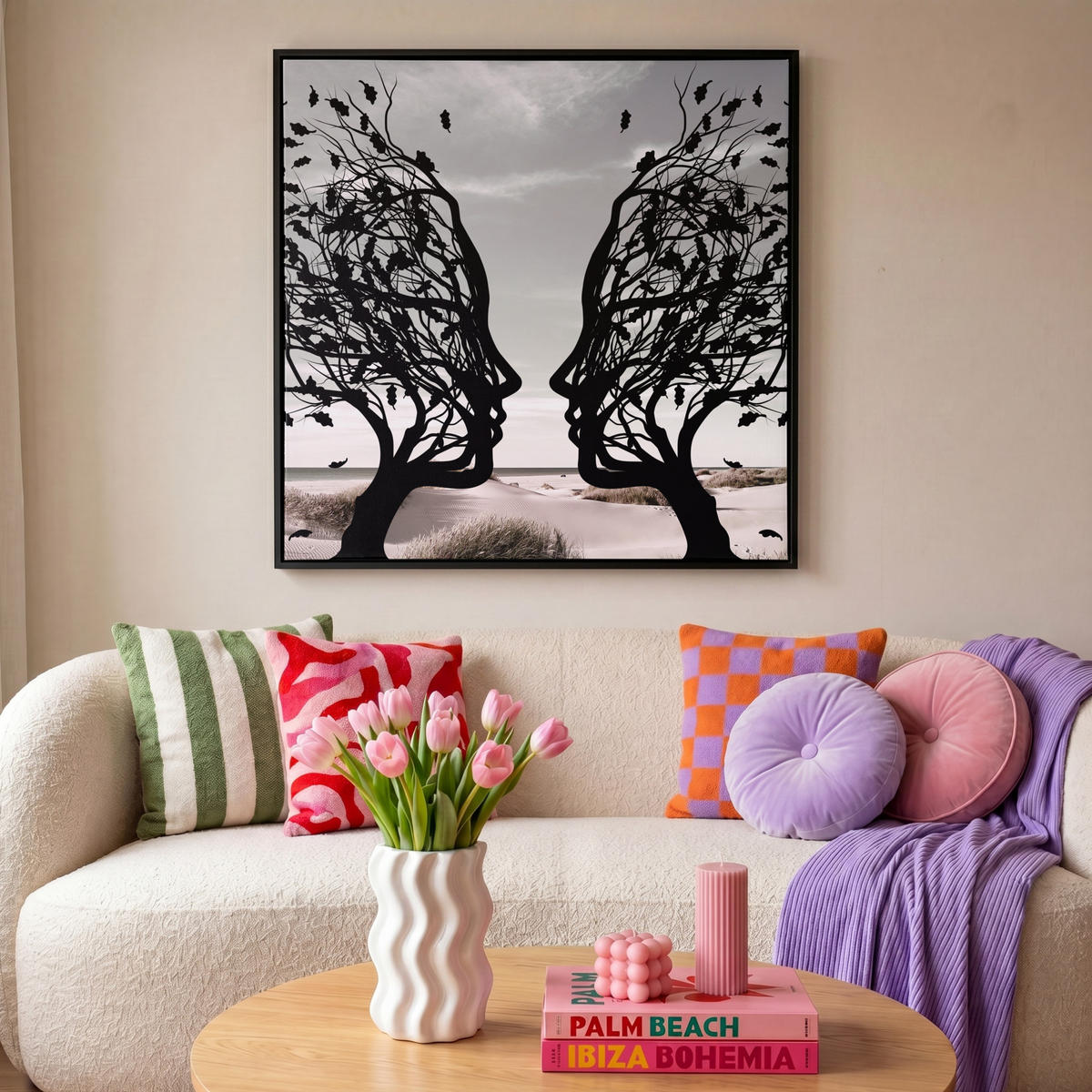 LEINWAND Bilder mit Rahmen - Strand - Meer - Menschen - Baum - Moderne Kunst - 90x90 - Hellgrau, Textil (90/90cm) - MuchoWow
