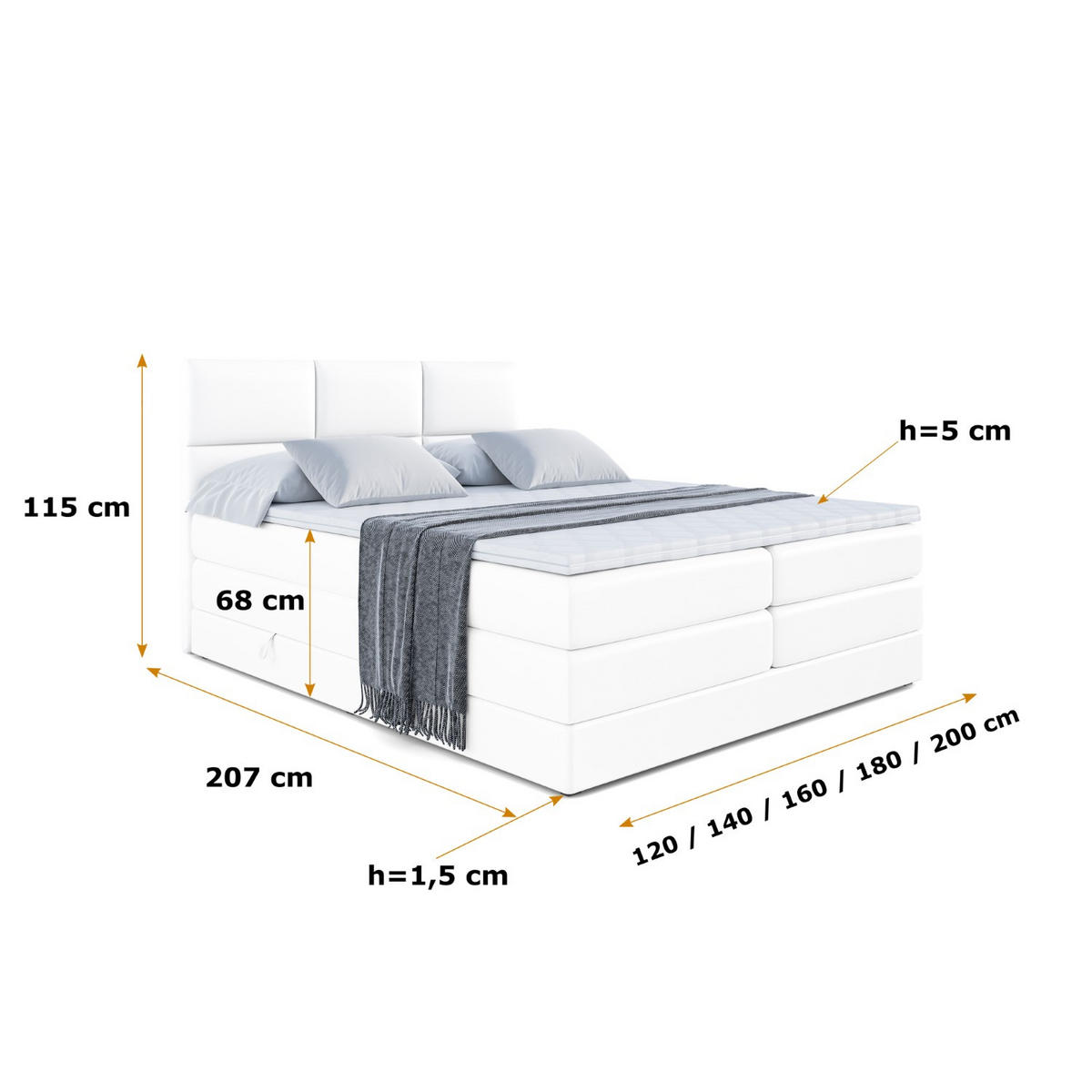 BOXSPRINGBETT OHIO KING - 120x200 - H3/H4 - Weiß Hochglanz - Weiß Hochglanz, Holzwerkstoff (120/200cm) - ALTDECOR