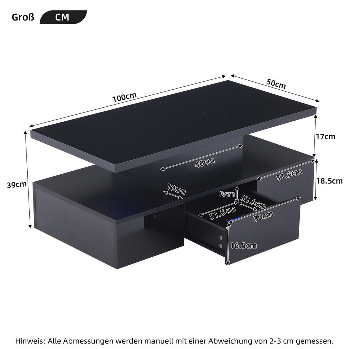 COUCHTISCH Zweistufig Schwarz Hochglanz LED 16 Farben Ausstellungsregal - Schwarz, Holz (112.4/60.96/15.24cm) - FLIEKS