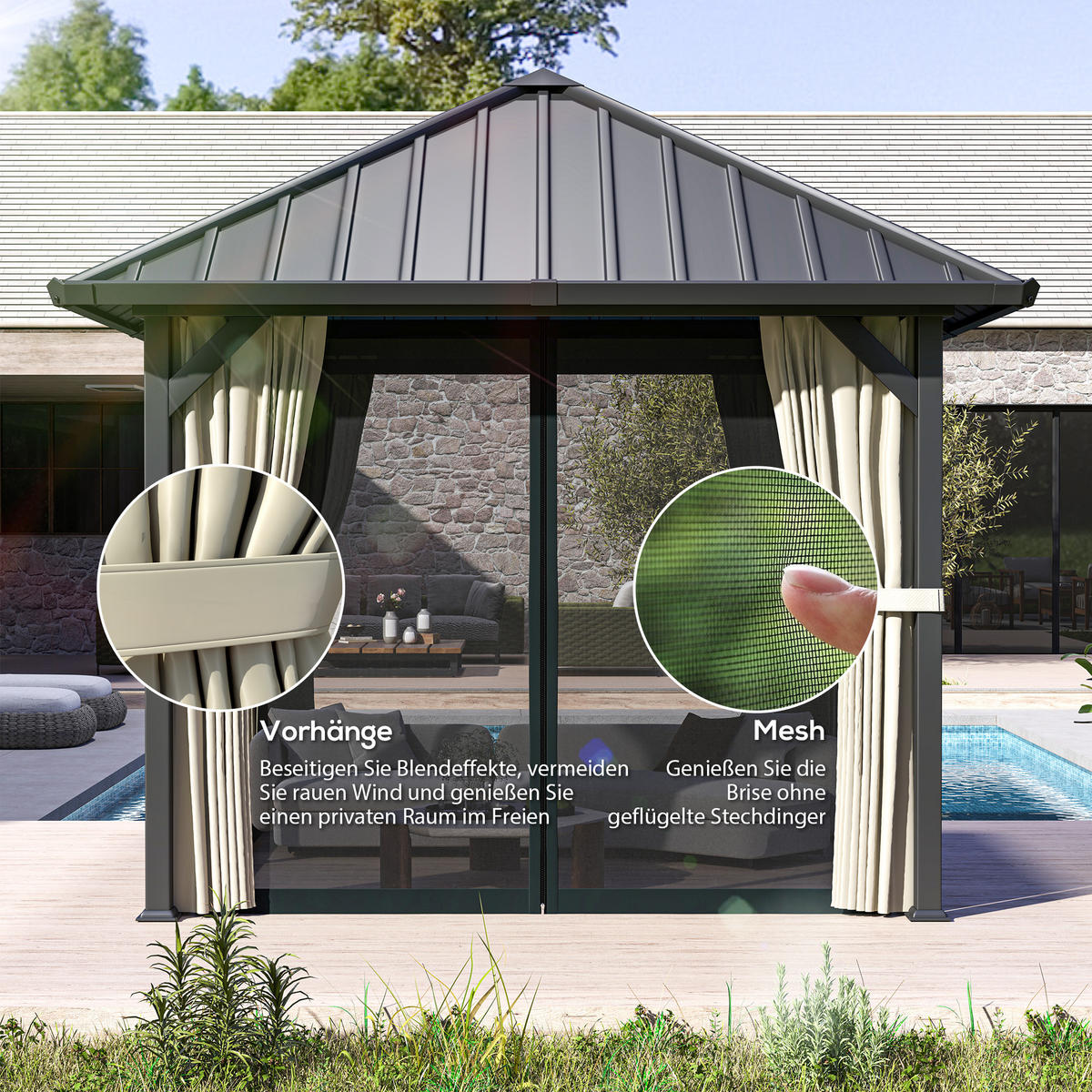 PAVILLON mit Hardtop ca. 3x3 m - Dunkelgrau, Metall (304/297/304cm) - Outsunny