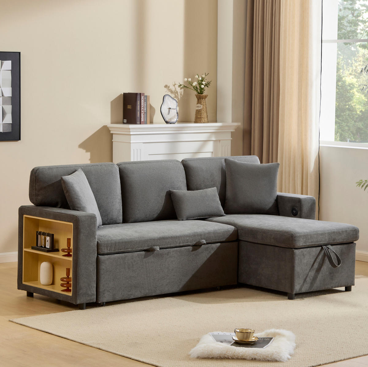 SCHLAFSOFA aus Oxford-Stoff 214x131x87 cm Dunkelgrau mit USB-Anschluss, Bettfunktion und Stauraum - Dunkelgrau, Textil (131/85/215cm) - Modfu