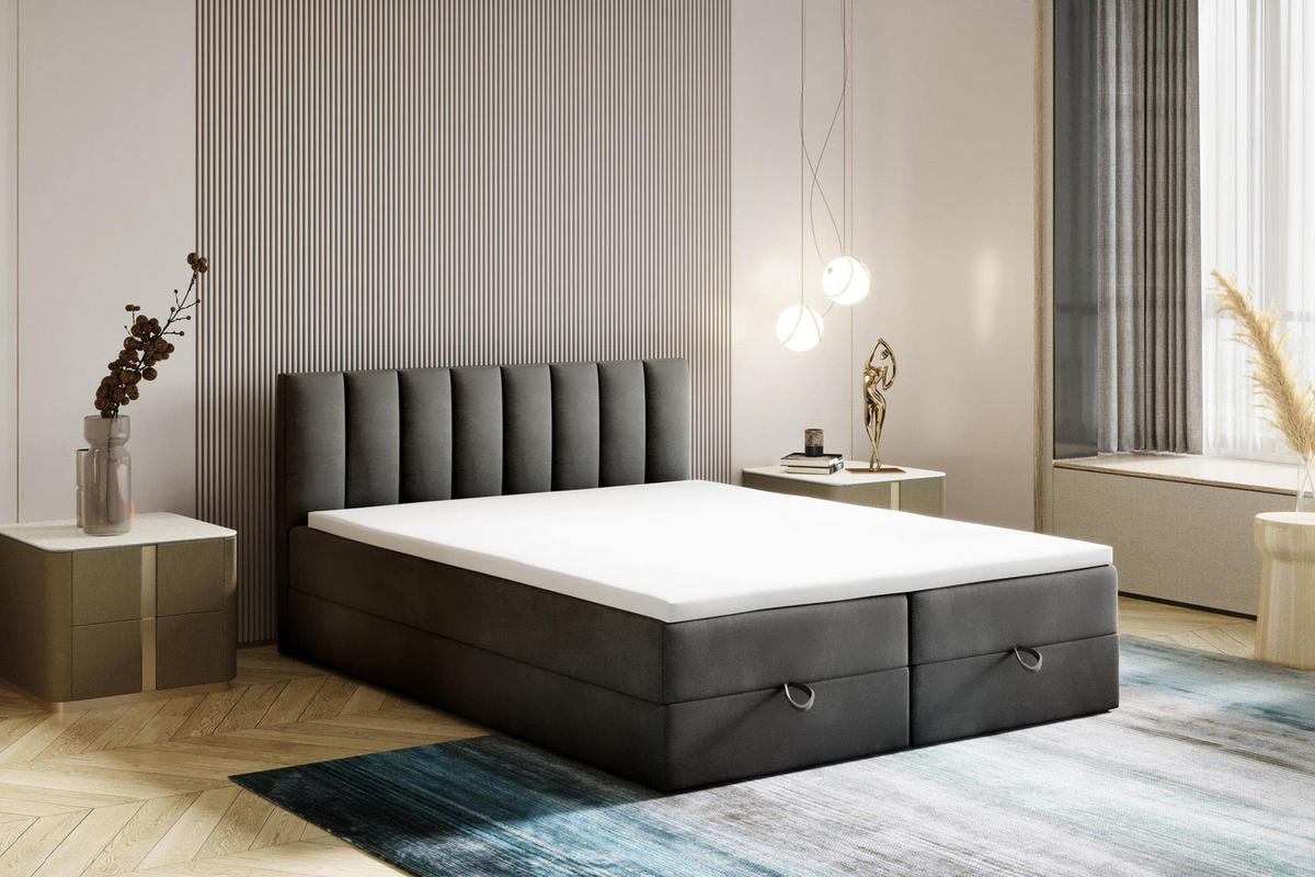 BOXBETT 140 x 200 cm mit Bonellmatratze H3, CITY, Elegant gestepptes Kopfteil und Topper 5cm, Bettkasten, Dunkelgrau - Dunkelgrau, Holzwerkstoff/Kunststoff (140/200cm) - Trada