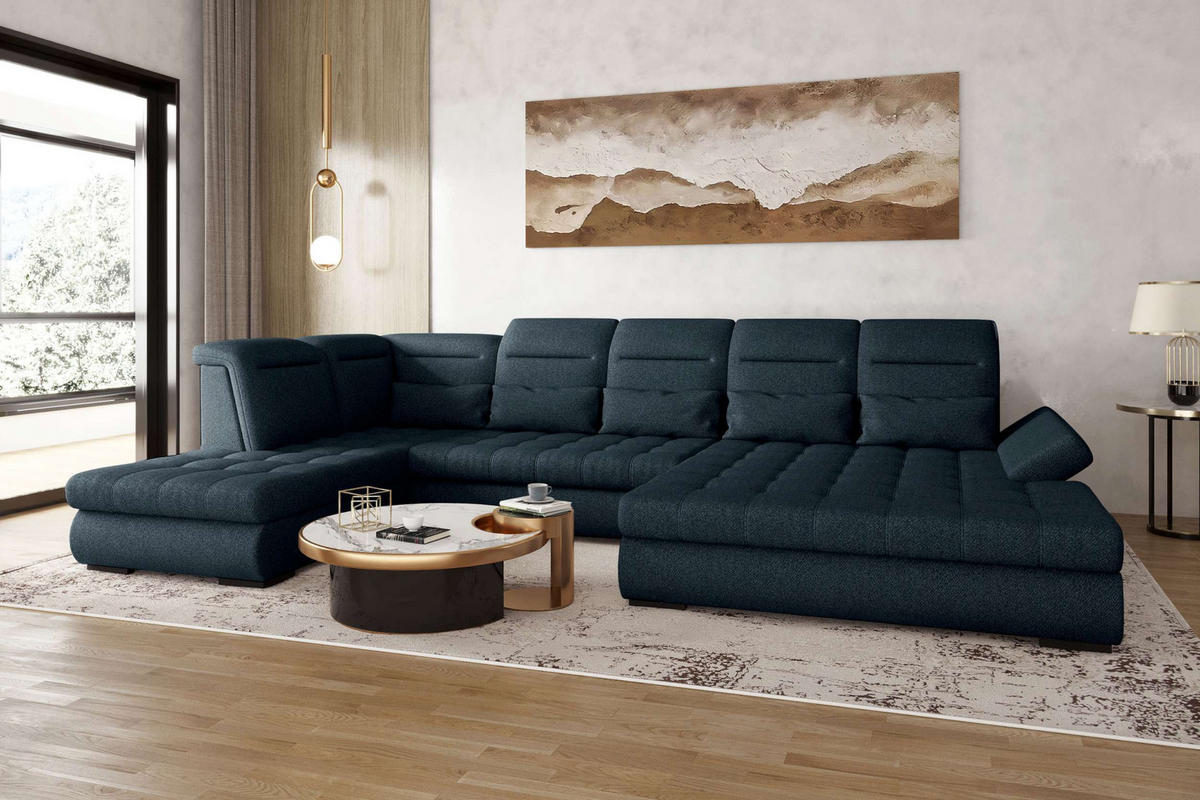 WOHNLANDSCHAFT Toscana Velours inkl. Schlaffunktion - Dunkelblau, Textil (358/87/208cm) - 99rooms