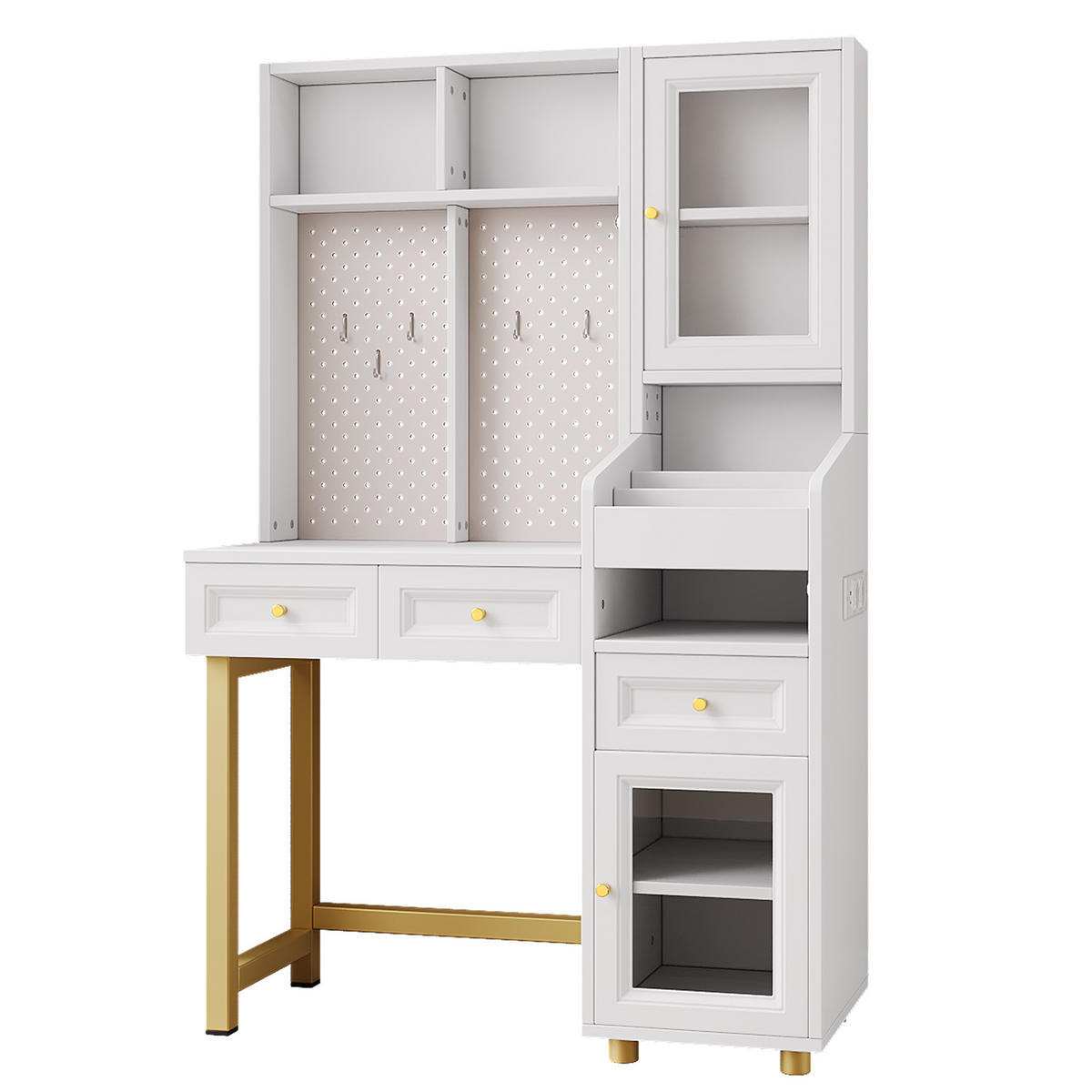 SCHMINKTISCH in Weiß mit LED-Beleuchtung und Glasvitrine für Schlafzimmer, B100/T45/H156 cm - Goldfarben/Weiß, Holzwerkstoff/Metall (100/156/45cm) - STILVORA