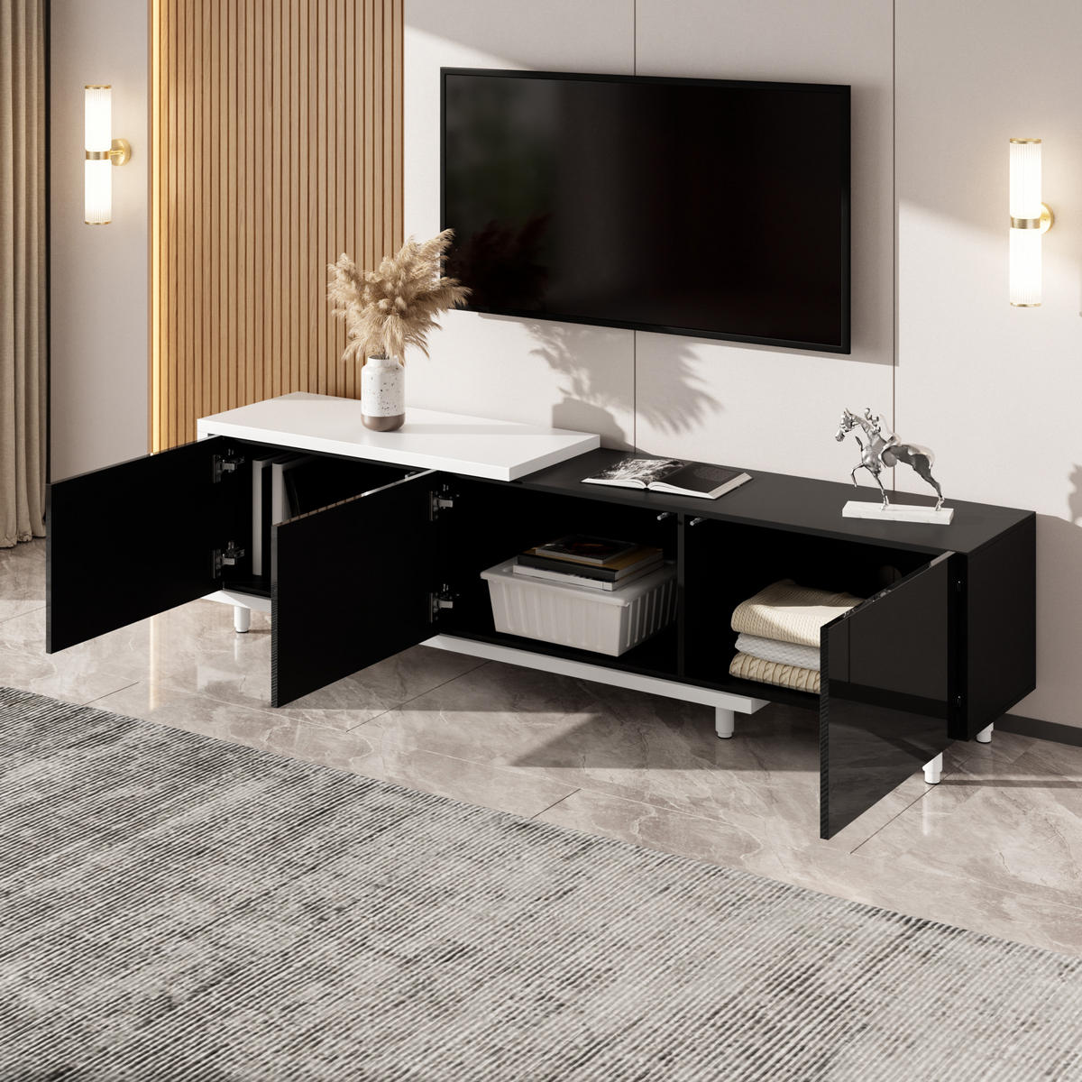 LOWBOARD in Schwarz Ausziehbarer TV-Schrank mit Stauraum und leisen Scharnieren, 258 B/38 T/48,5H(cm) - Weiß/Naturfarben, Holzwerkstoff/Metall (258/48.5/38cm) - STILVORA