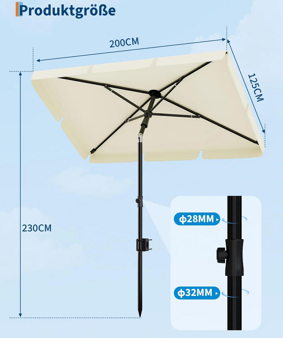 SONNENSCHIRM 200 x 125 cm - Beige, Metall (125/200cm) - CLTYQ