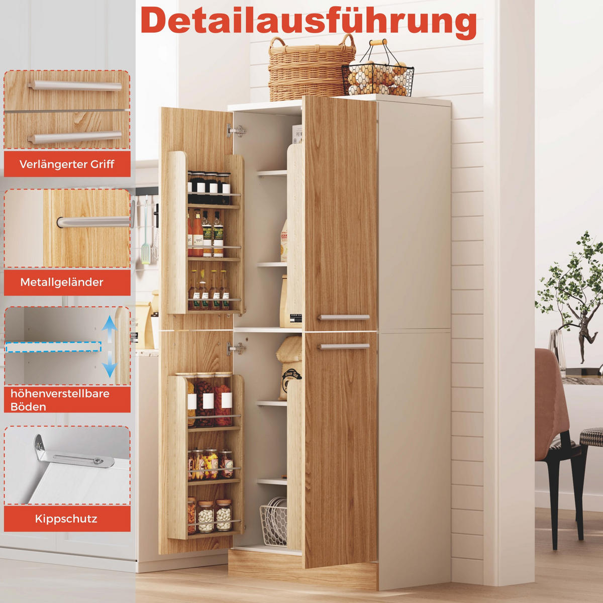BUFFET 76/180/42 cm Weiß/Natur aus MDF mit verstellbaren Einlegeböden - Weiß, Holzwerkstoff (42/180/76cm) - OKMYHOME