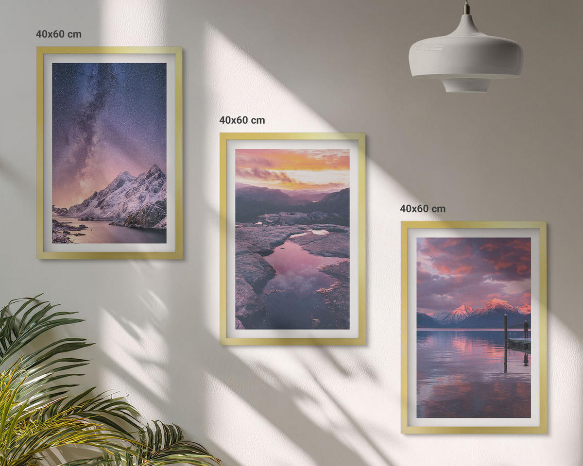 WANDBILDER 3er Set - 40x60 cm Goldrahmen - Berge, Wasser, wunderschöne Landschaften - Goldfarben, Kunststoff (40/60cm) - ArtPrintCave