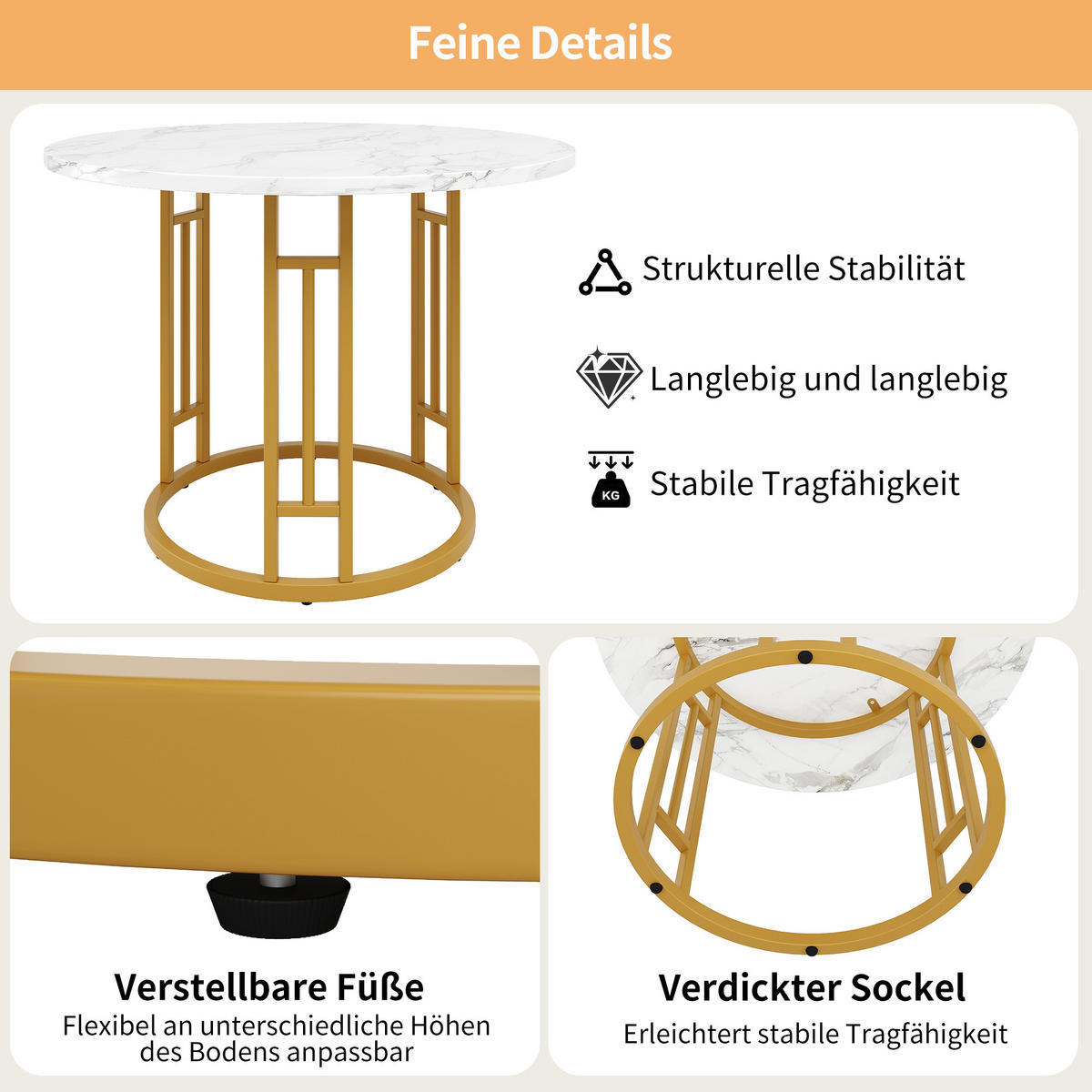 ESSTISCH 80x80x76 cm in Weiß und Gold aus MDF mit runder Marmoroptik - Weiß, Holzwerkstoff (80/80/76cm) - Modfu