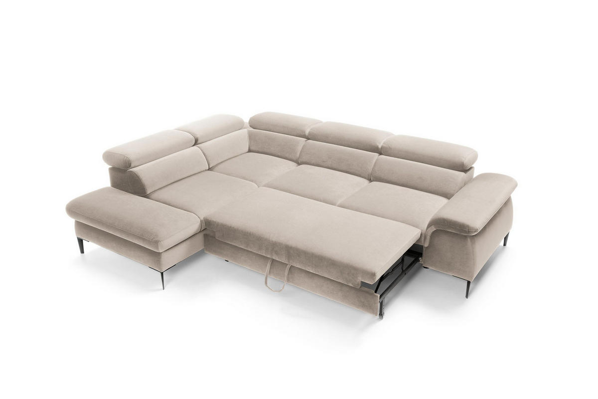 ECKSOFA MESTO Beige Velours-Stoff mit Schlaffunktion - Beige, Holz (280/214cm) - MASSENO