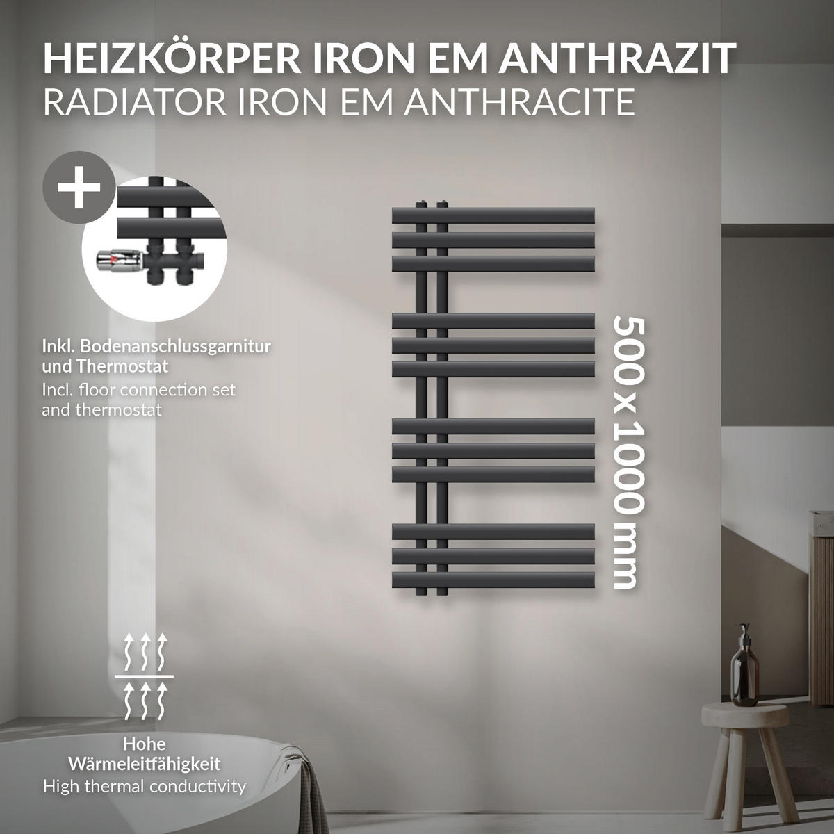 KOUPELNOVÝ radiátor Iron EM 500x1000 mm antracitový s průchozím ventilem - antracitová, kov (50/100/3cm) - LuxeBath