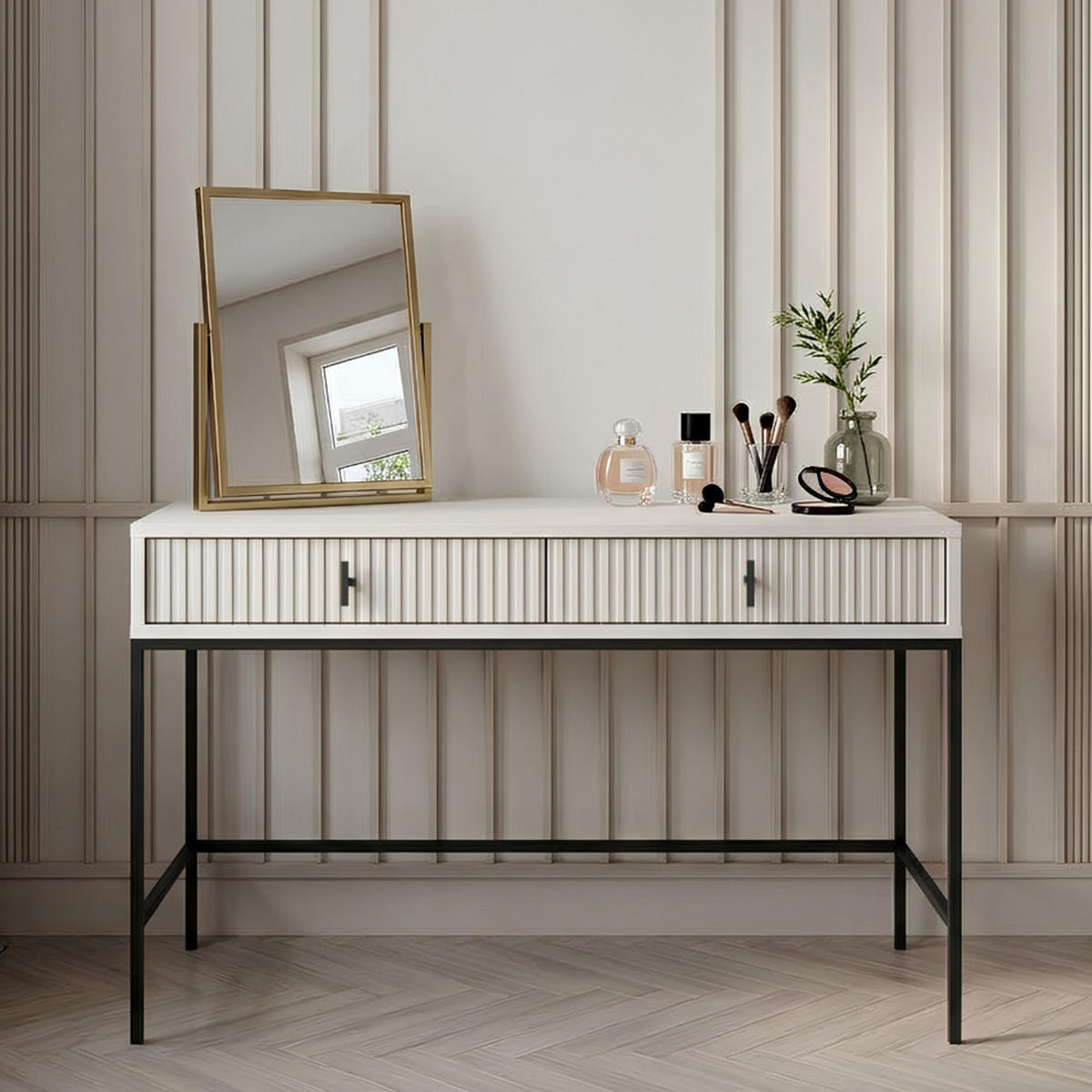 KONSOLENTISCH Marvello mit 2 Schubladen, Kaschmir+Schwarz - Kaschmir/Schwarz, Holzwerkstoff/Metall (50/154/77cm) - Beautysofa