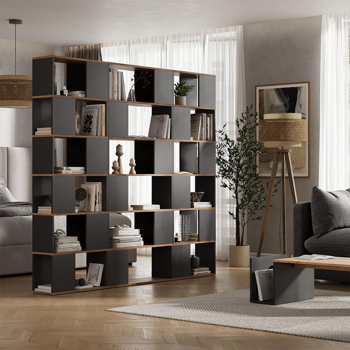 RAUMTEILER Eneos Anthrazit/Goldkraft Eiche 80 x 186 cm - Anthrazit/Eiche Wotan, Holzwerkstoff (80/186/24cm) - Vicco