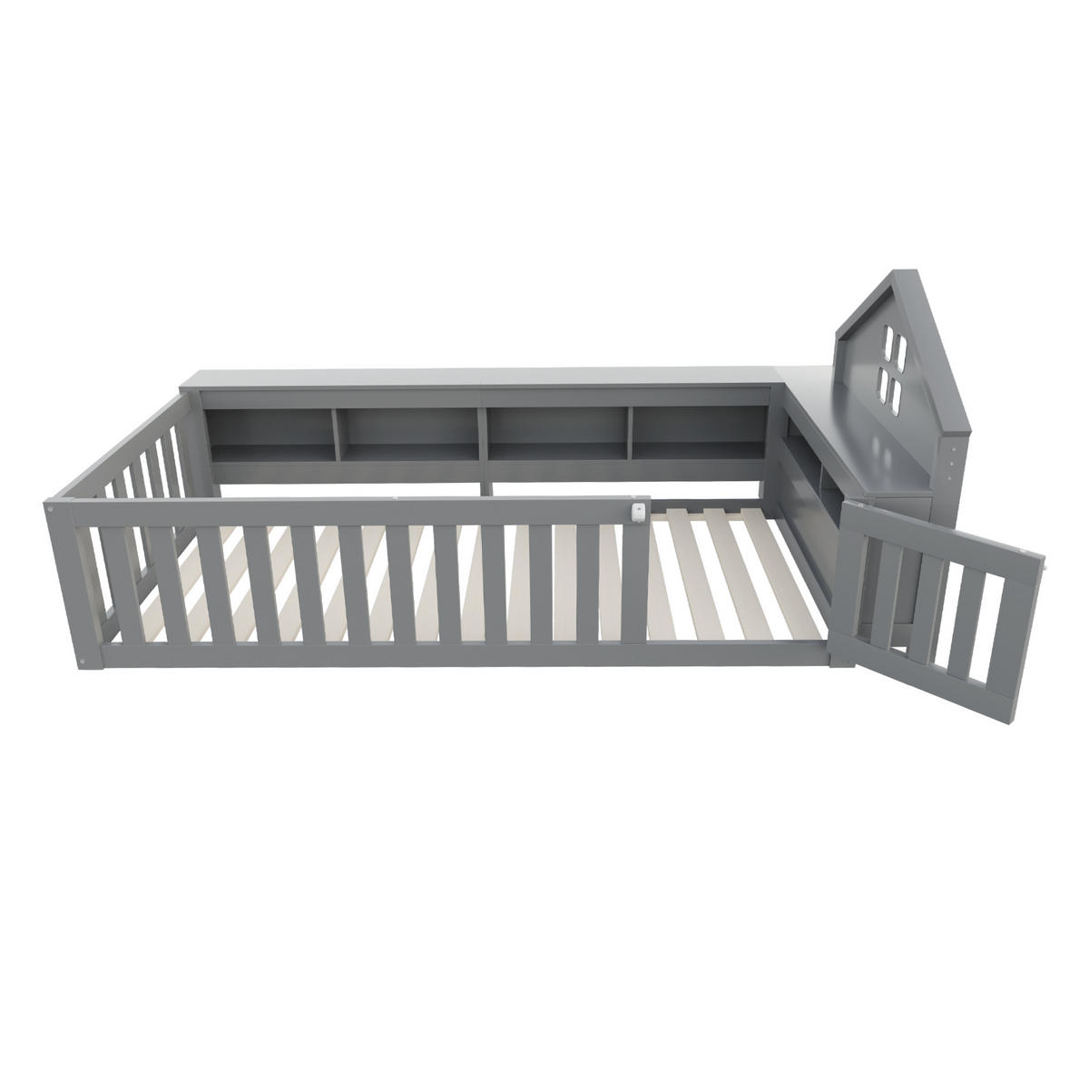 KINDERBETT 90/200 cm grau mit Dachleiste und Staufach - Grau, Holz (90/200cm) - OKWISH