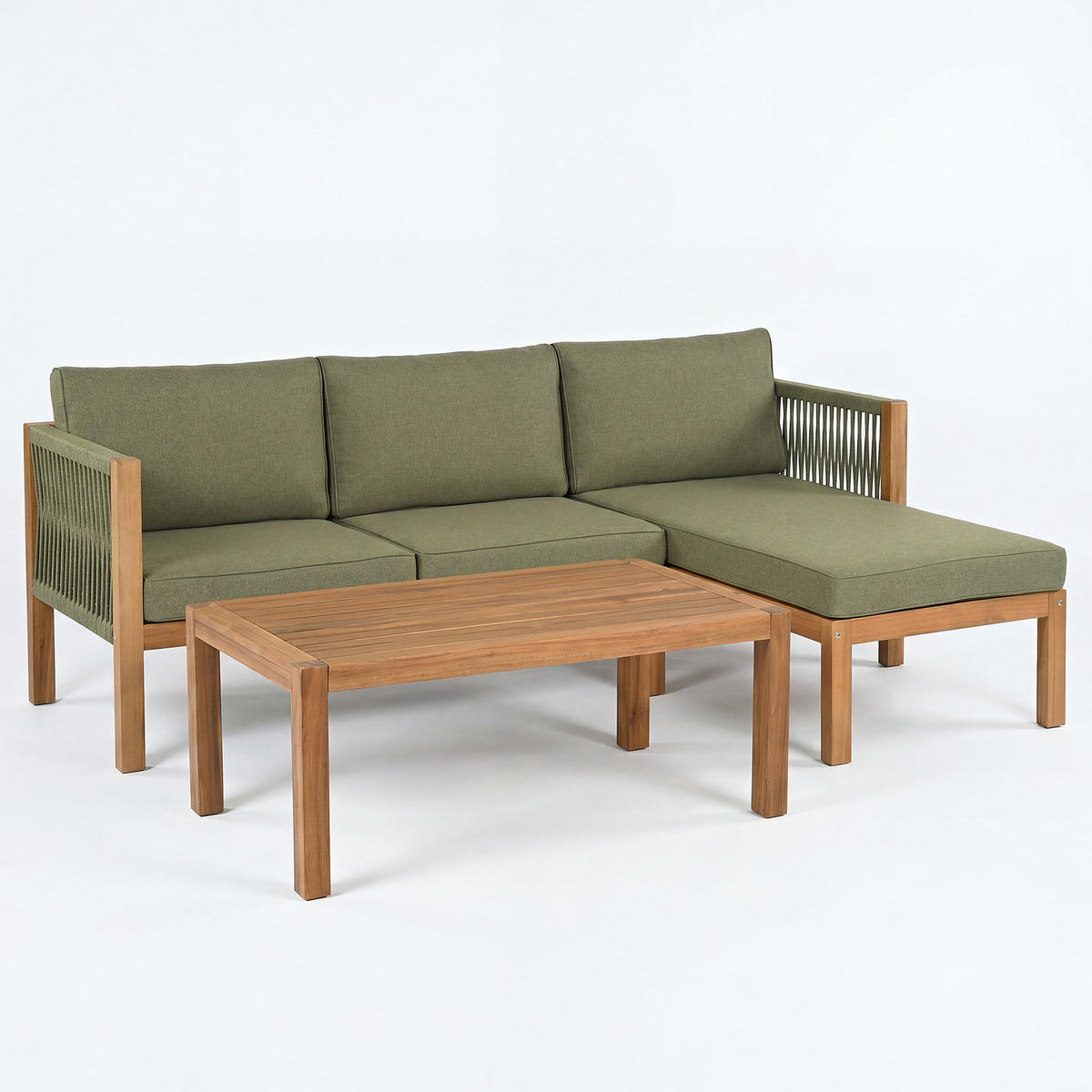 LOUNGESET - 3-teilig - Akazie massiv / Polyester - Olivgrün, Holz/Textil - home24