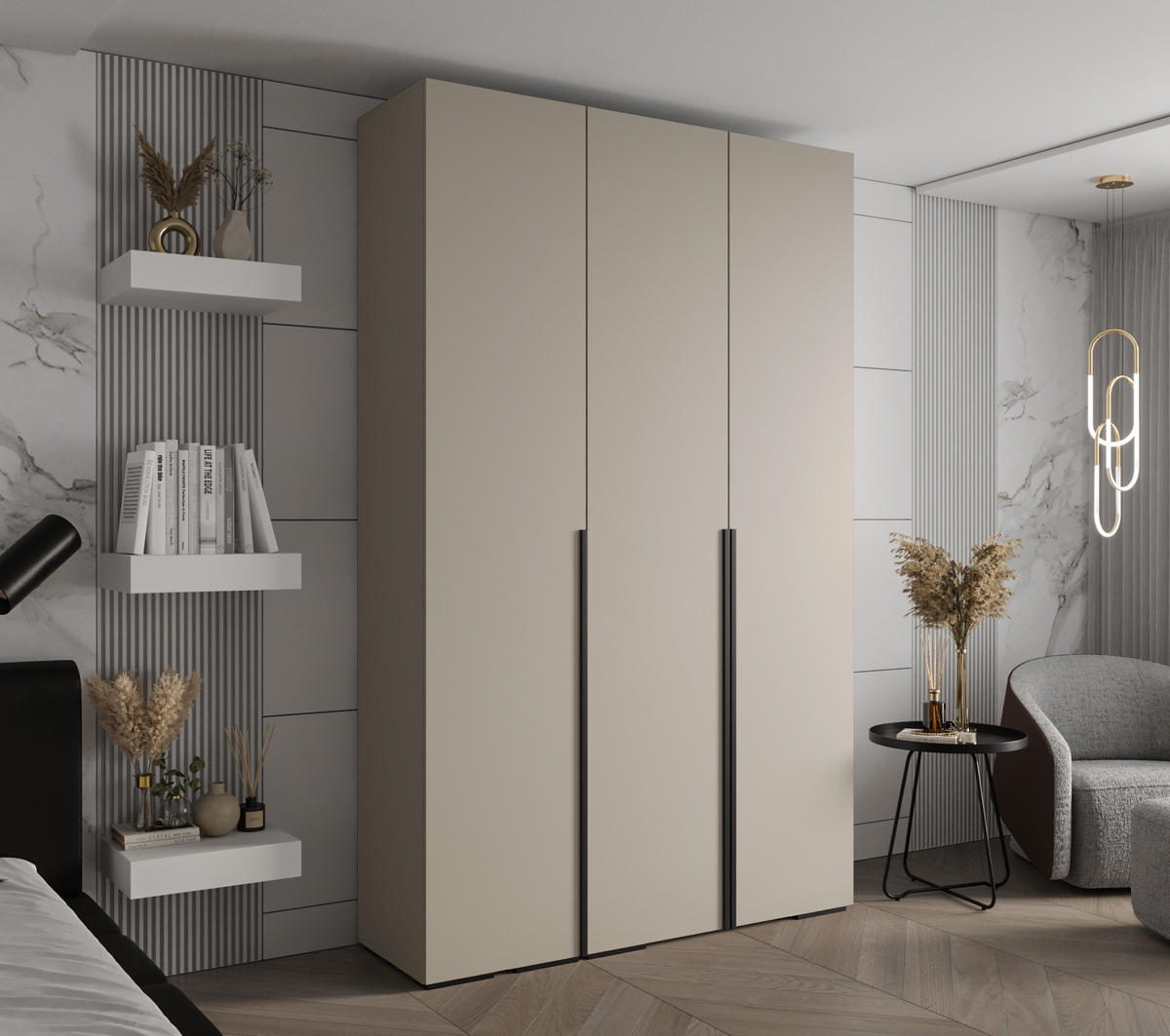 DREHTÜRENSCHRANK 236.7/150/47 3-türig - Kaschmir/Schwarz, Holz/Metall (150/236.7/47cm) - MÖBEL KRYSPOL