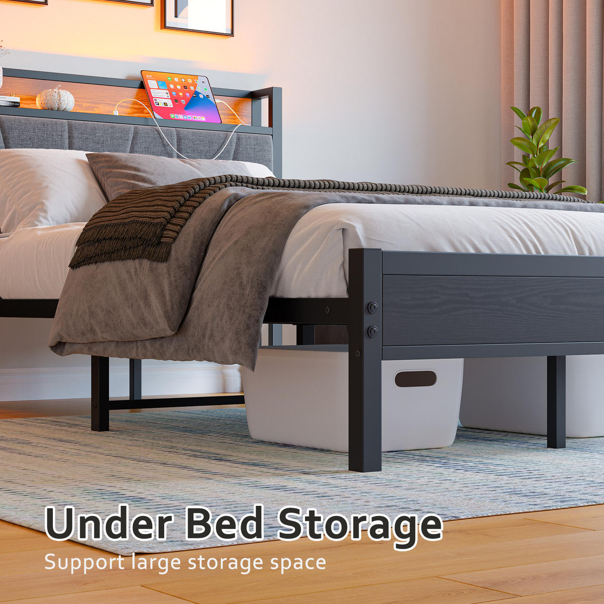 METALLBETT 120/200 cm Schwarz mit LED und USB - Schwarz, Metall (120/200cm) - Oxeza